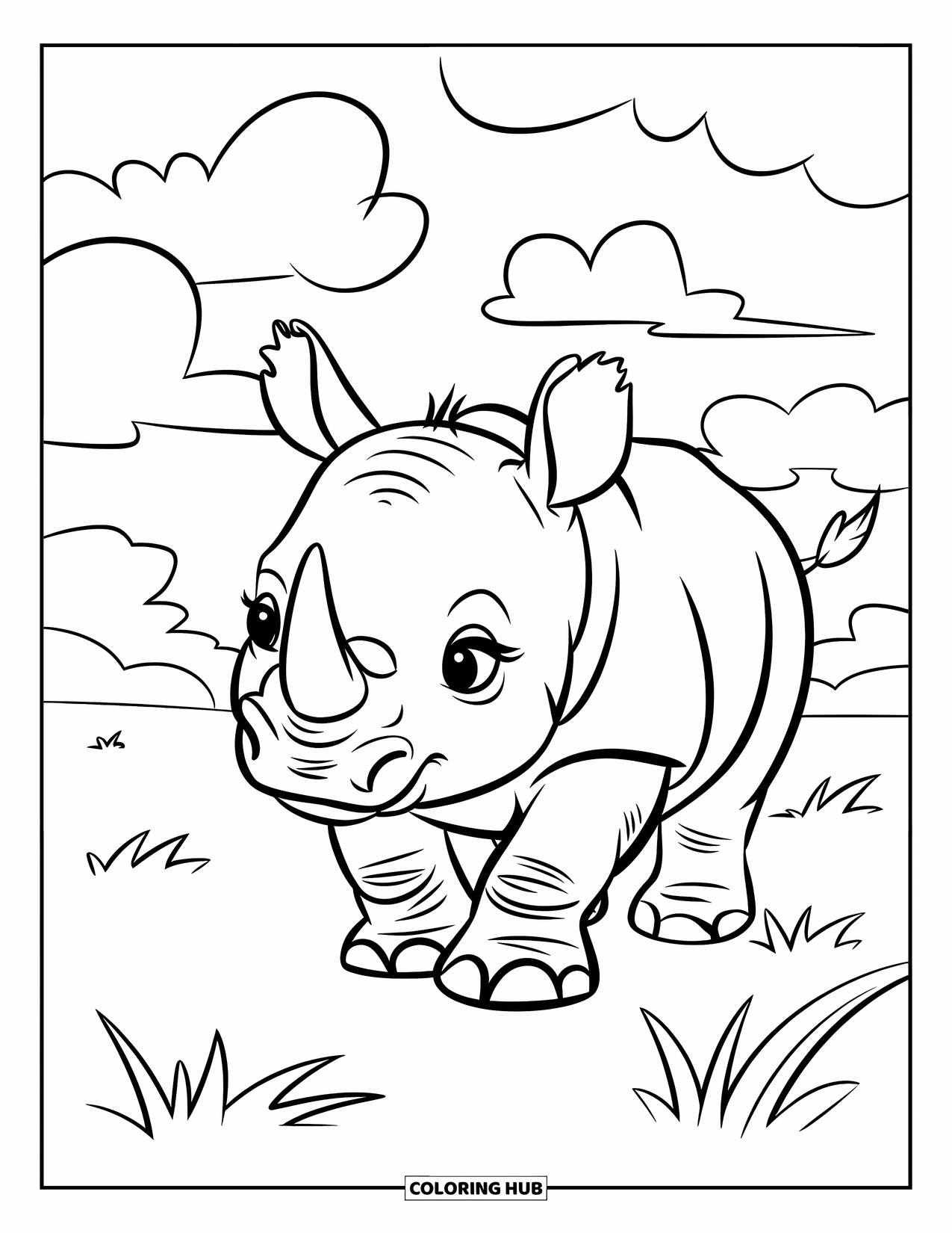 Safari Coloring Page for Kids: A small rhino walks under clouds on a grassy field
