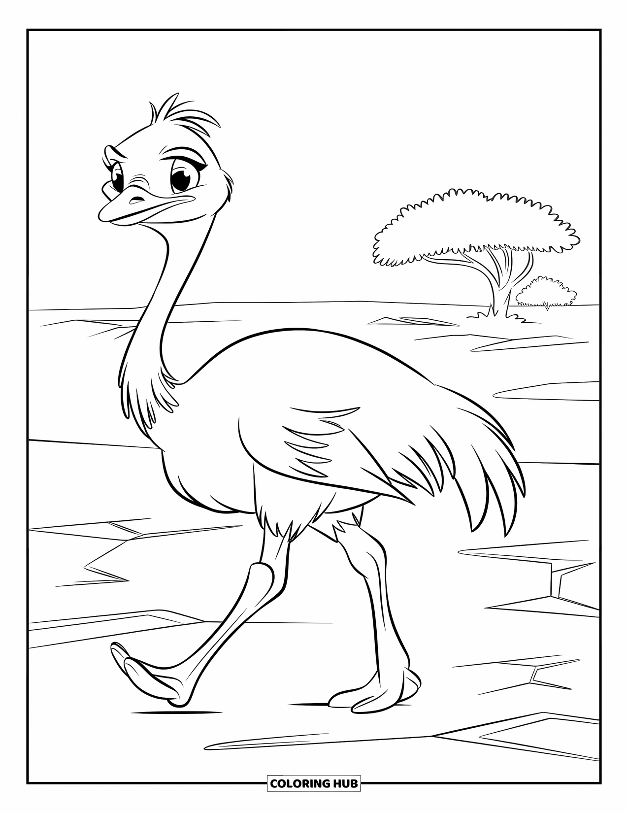 Safari Coloring Page for Kids: A wide-eyed ostrich walks past cracked ground and a single sturdy bush
