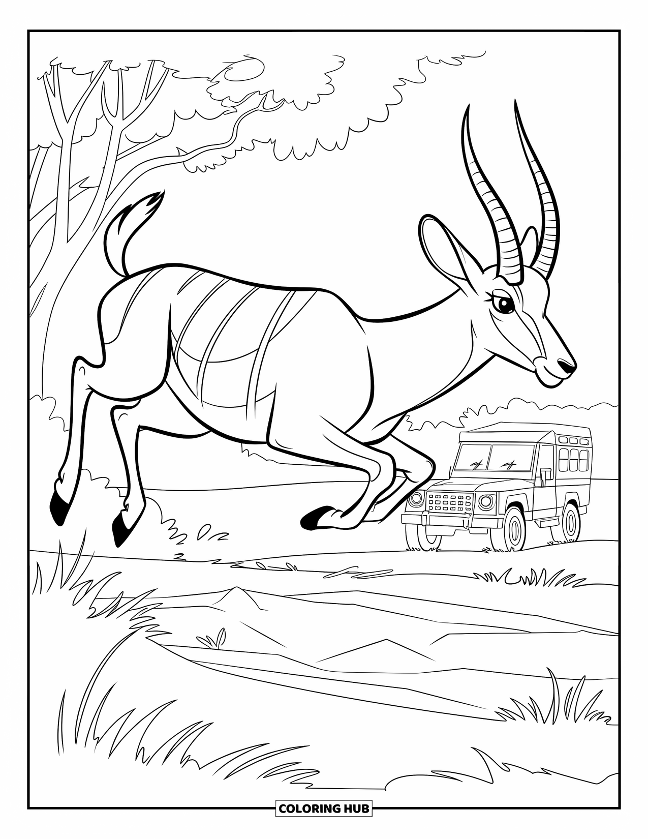 Safari Coloring Page for Kids: An antelope jumps over grass with a distant safari jeep nearby