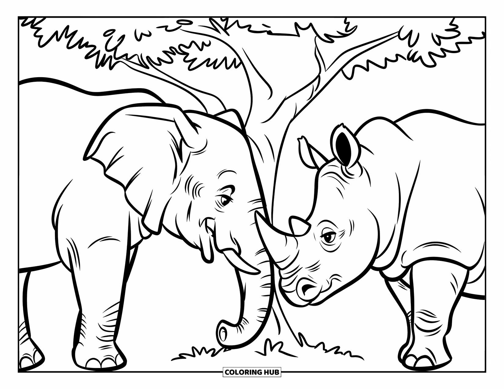 Safari Coloring Page for Kids: An elephant and rhino share a sweet moment beside a leafy tree