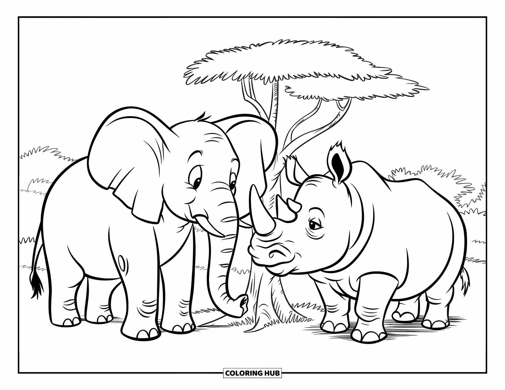 Safari Coloring Page for Kids: An elephant gently touches a rhino's nose beside a small tree