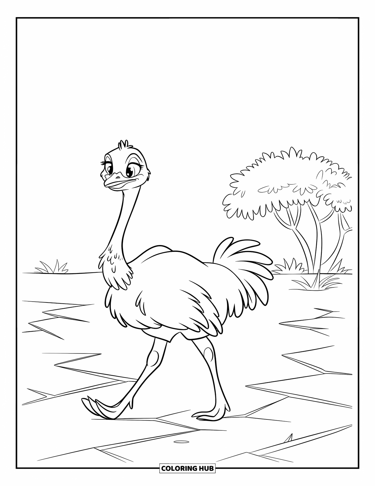 Safari Coloring Page for Kids: An ostrich strolls through dry land near one small bush