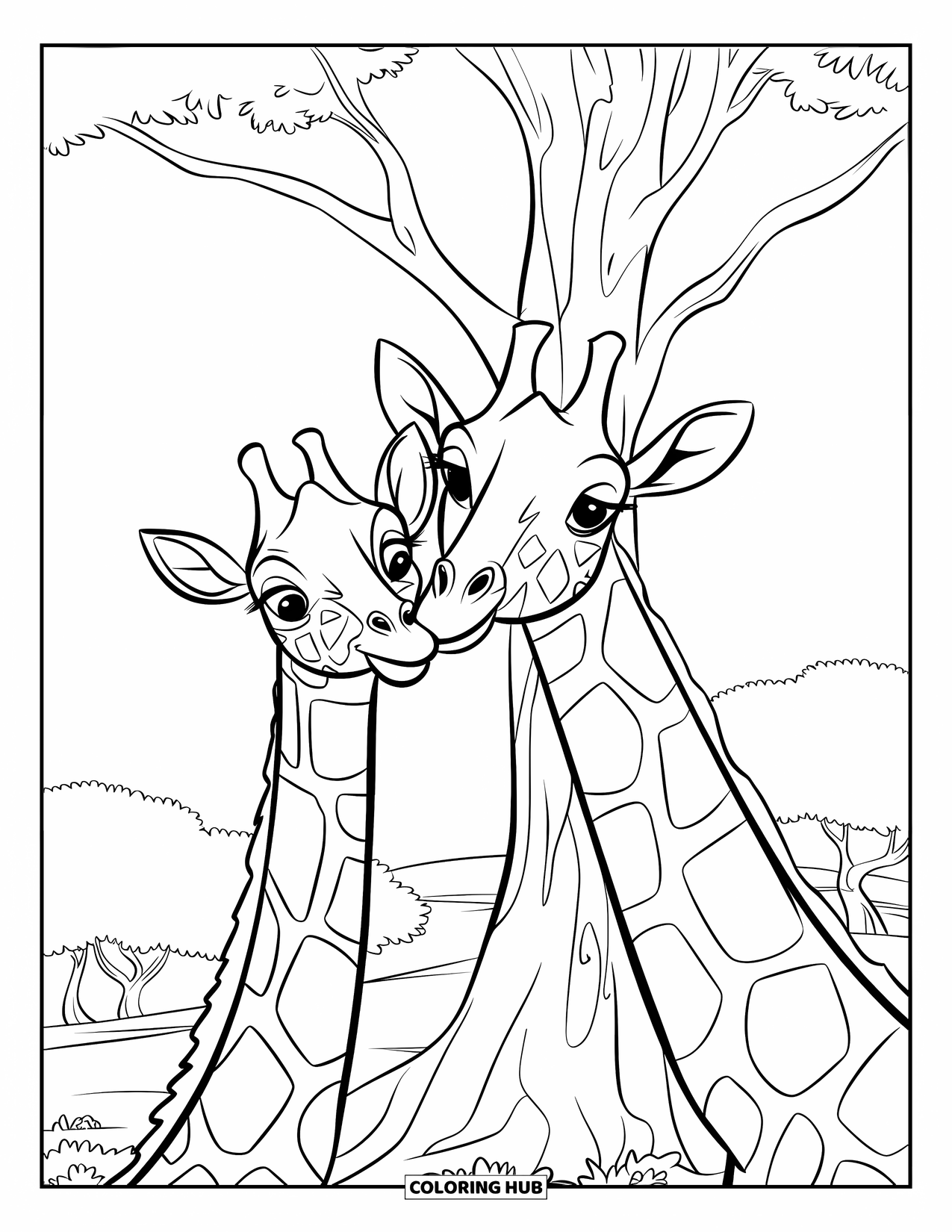 Safari Coloring Page for Kids: Giraffes with big eyes eat from a tall tree in open grassland