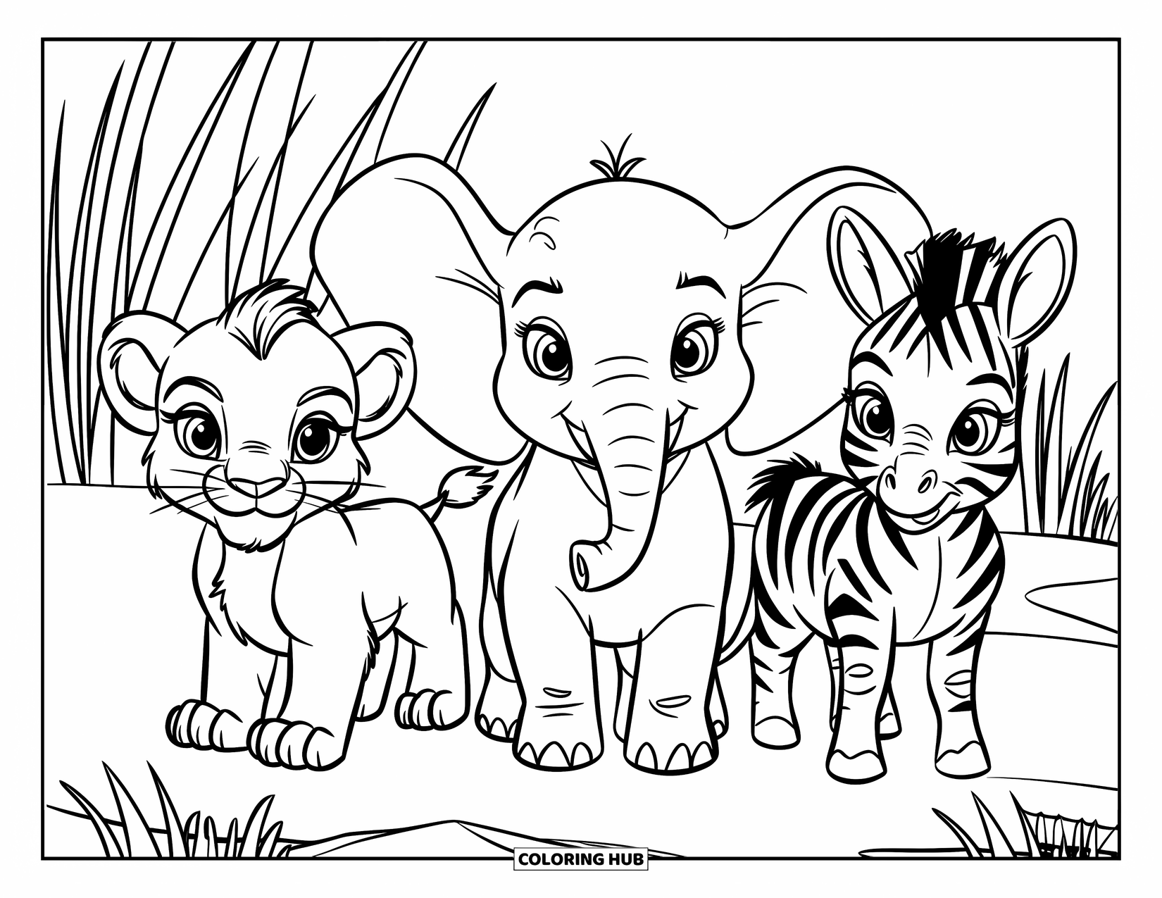 Safari Coloring Page for Kids: Three baby animals stand in a row on a grassy savanna