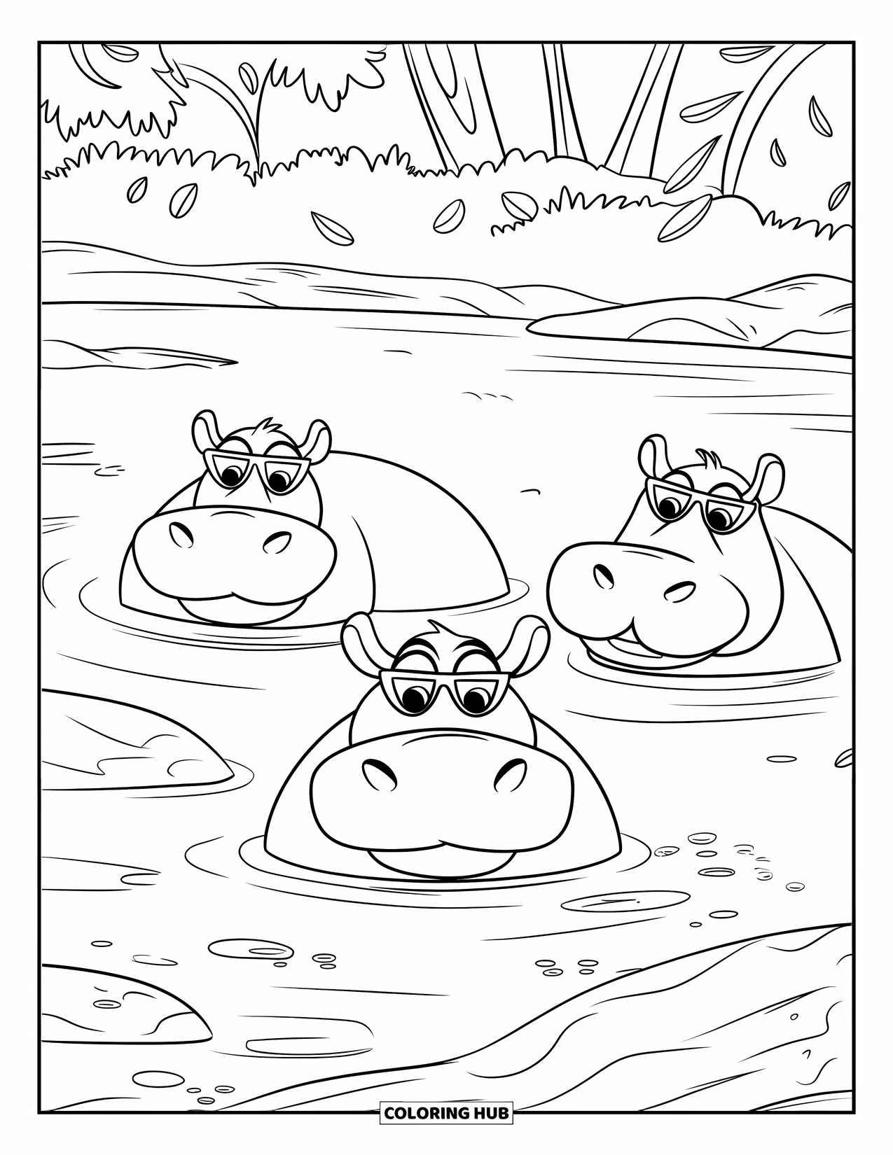 Safari Coloring Page for Kids: Three happy hippos cool off in a river with floating bubbles and leaves