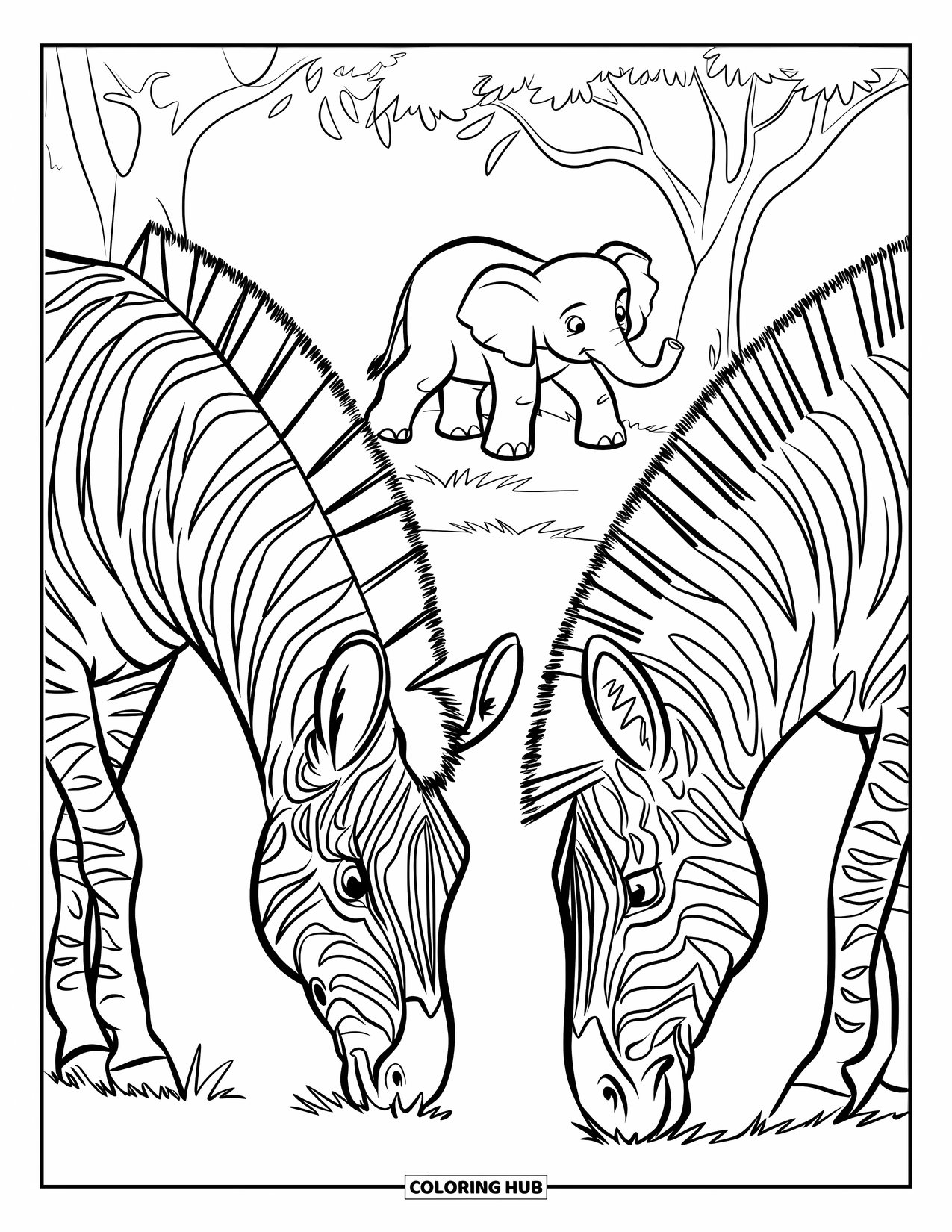 Safari Coloring Page for Kids: Zebras munch grass while a baby elephant walks beside leafy trees