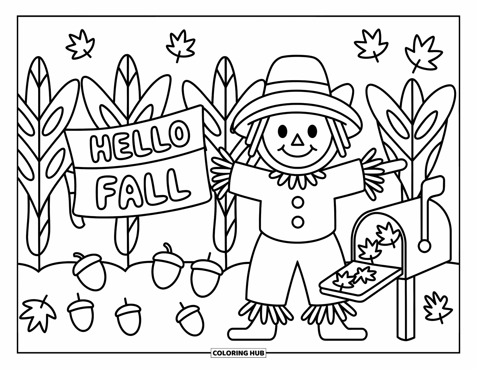 Scarecrow Coloring Page for Adults: A cheerful scarecrow stands among happy cornstalks, acorns, and a leafy mailbox