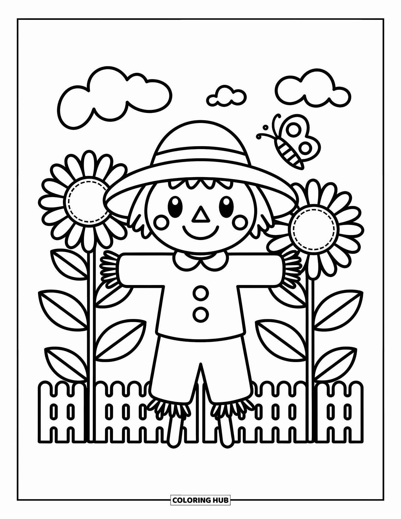 Scarecrow Coloring Page for Adults: A cheerful scarecrow stands between two sunflowers, one with a curious butterfly