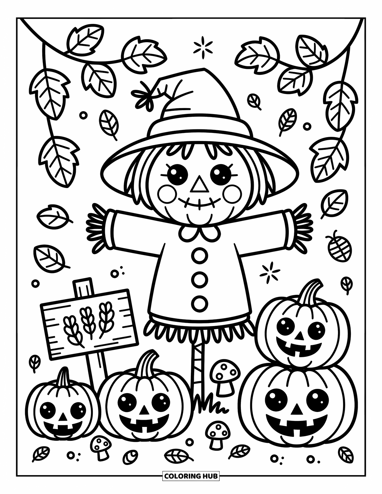 Scarecrow Coloring Page for Adults: A cheerful scarecrow stands in a pumpkin patch with jack-oí-lanterns and tiny woodland touches
