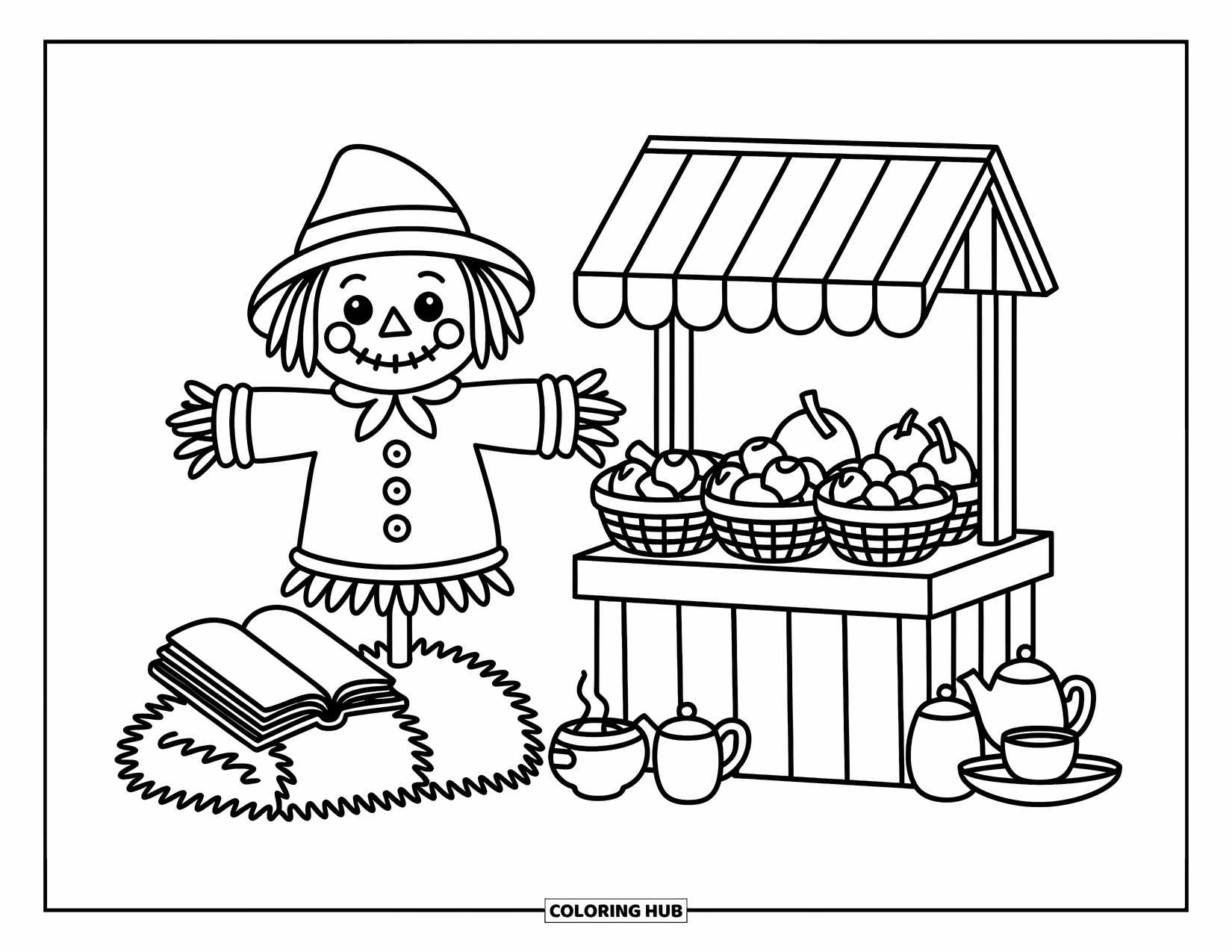 Scarecrow Coloring Page for Adults: A cozy scarecrow guards a mini produce stand with a book and tea set nearby