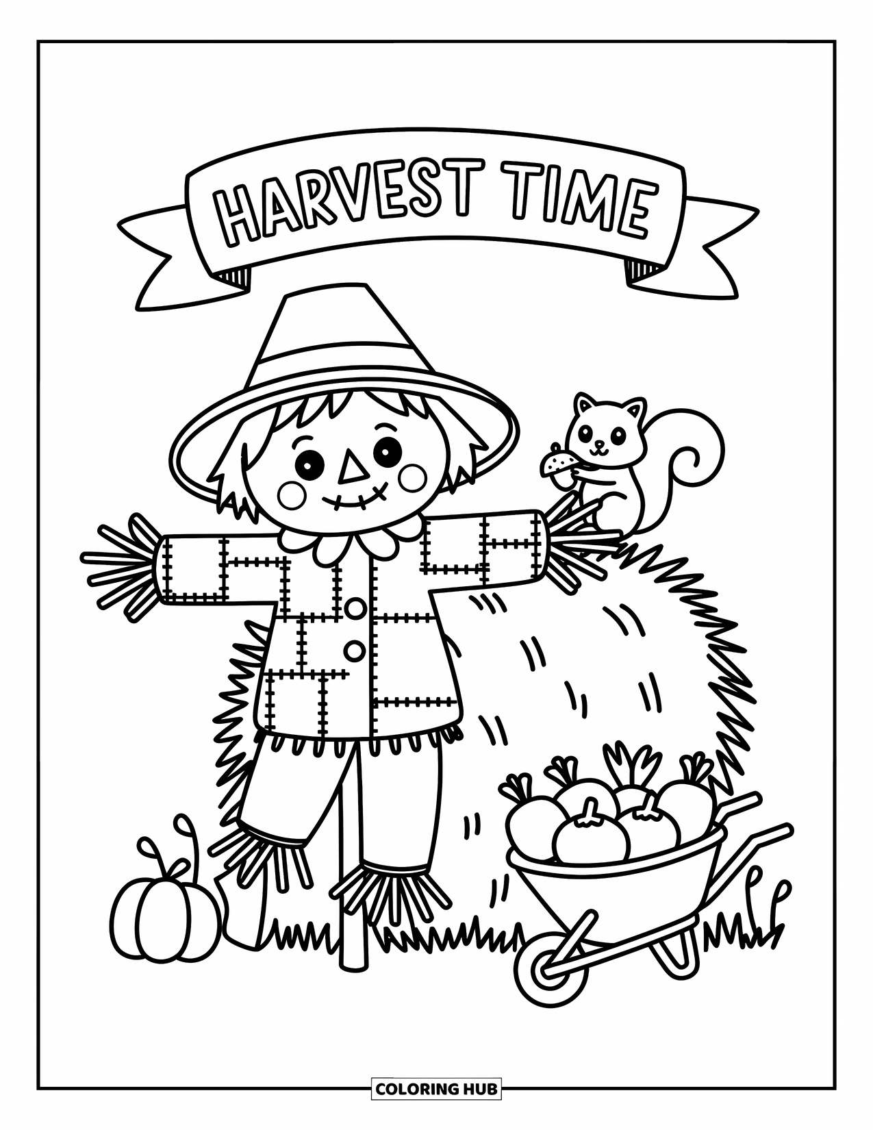 Scarecrow Coloring Page for Adults: A cozy scarecrow leans on hay with a squirrel, vegetables, and a cheerful harvest sign