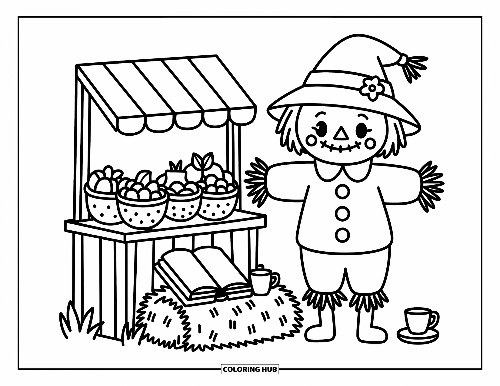 Scarecrow Coloring Page for Adults: A cozy scarecrow stands by baskets of produce with a tea set and open book