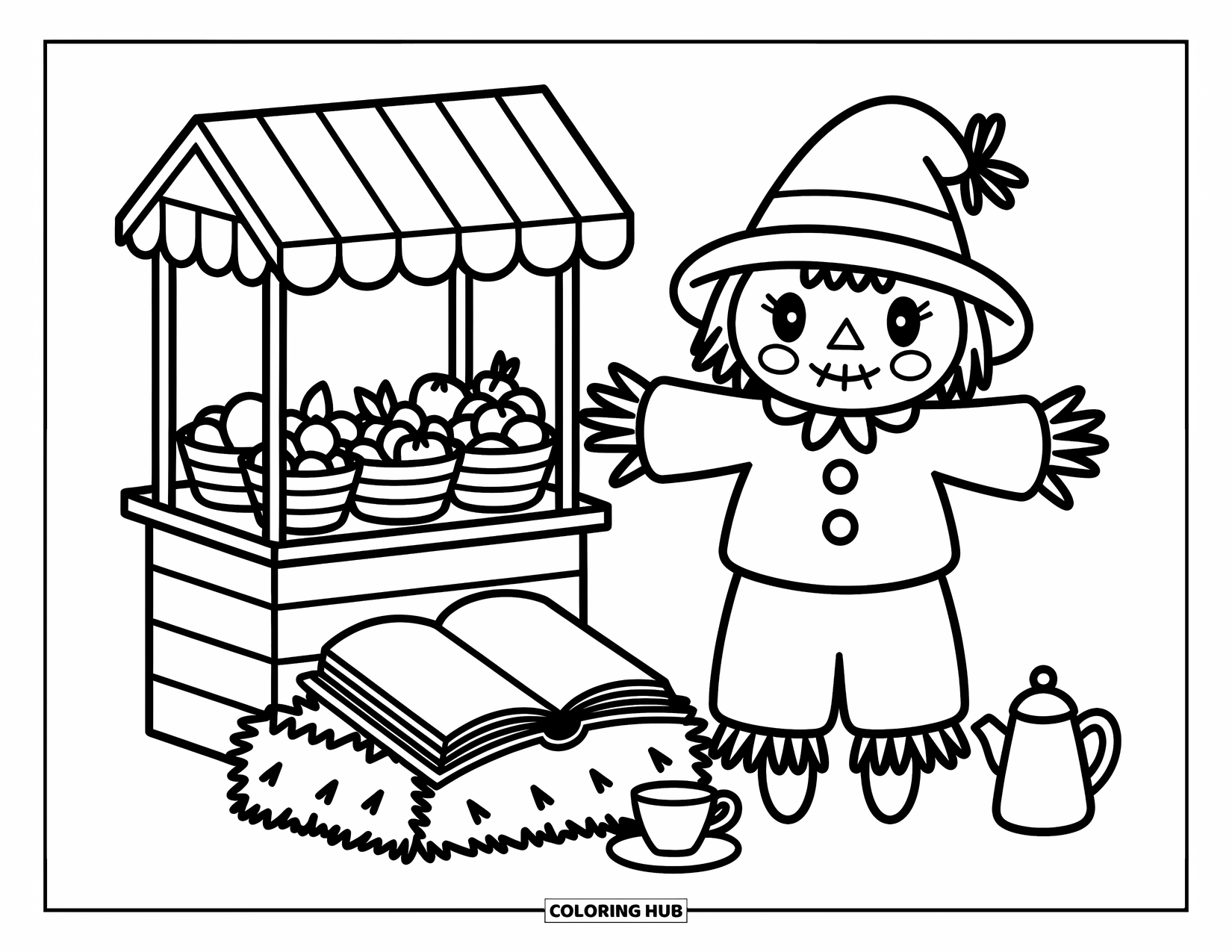 Scarecrow Coloring Page for Adults: A cozy scarecrow stands near a tiny market stand with a book and tea set