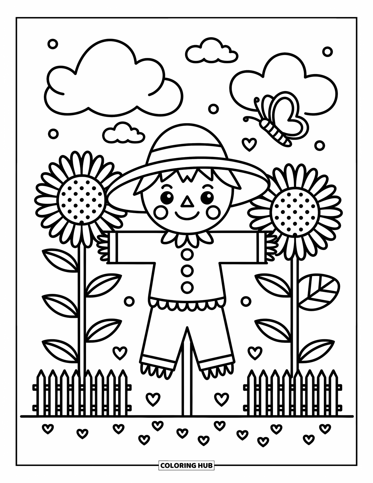 Scarecrow Coloring Page for Adults: A cozy scarecrow stands near sunflowers and a butterfly with clouds and a fence