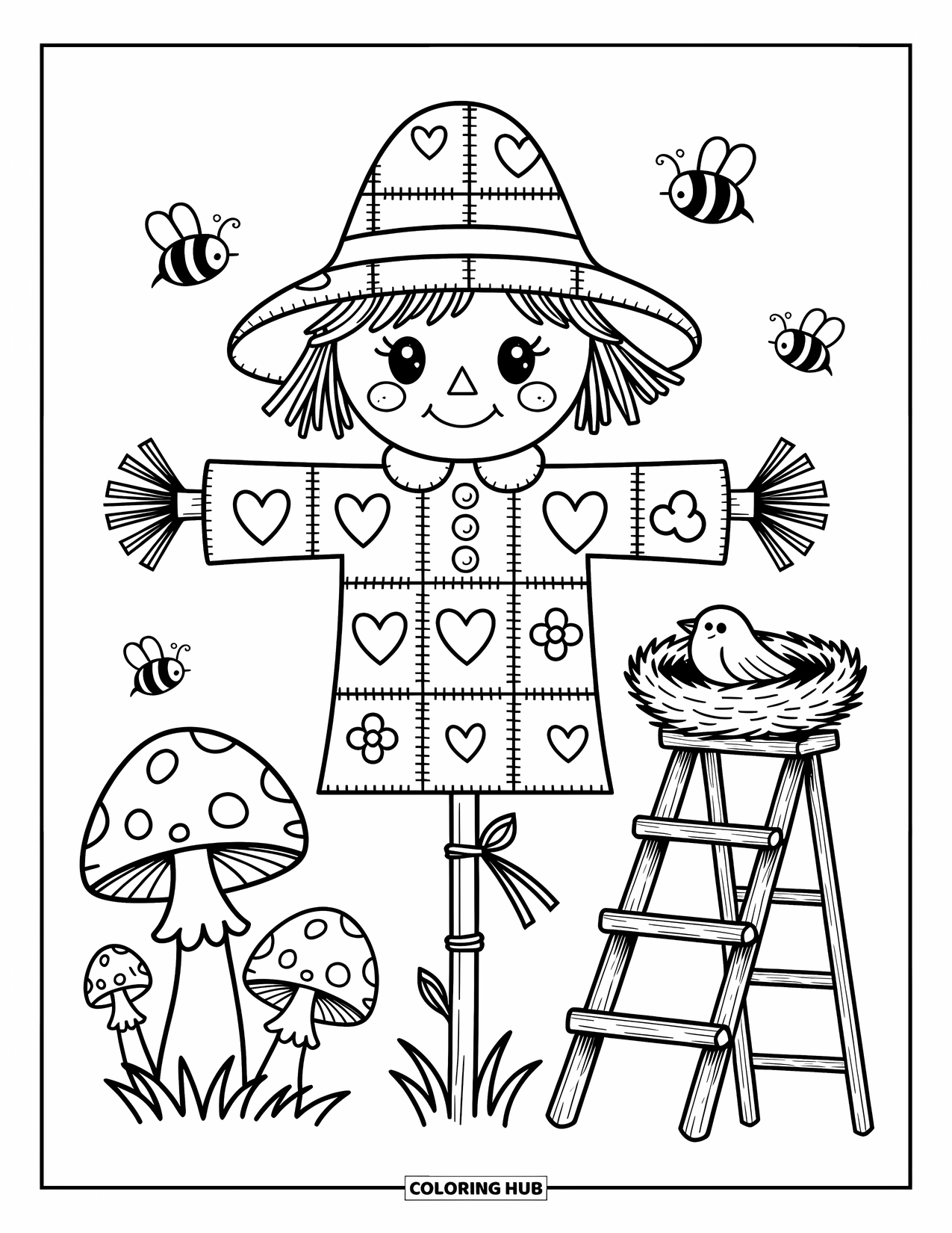 Scarecrow Coloring Page for Adults: A playful scarecrow with heart patches stands among mushrooms, bees, and a cozy nest