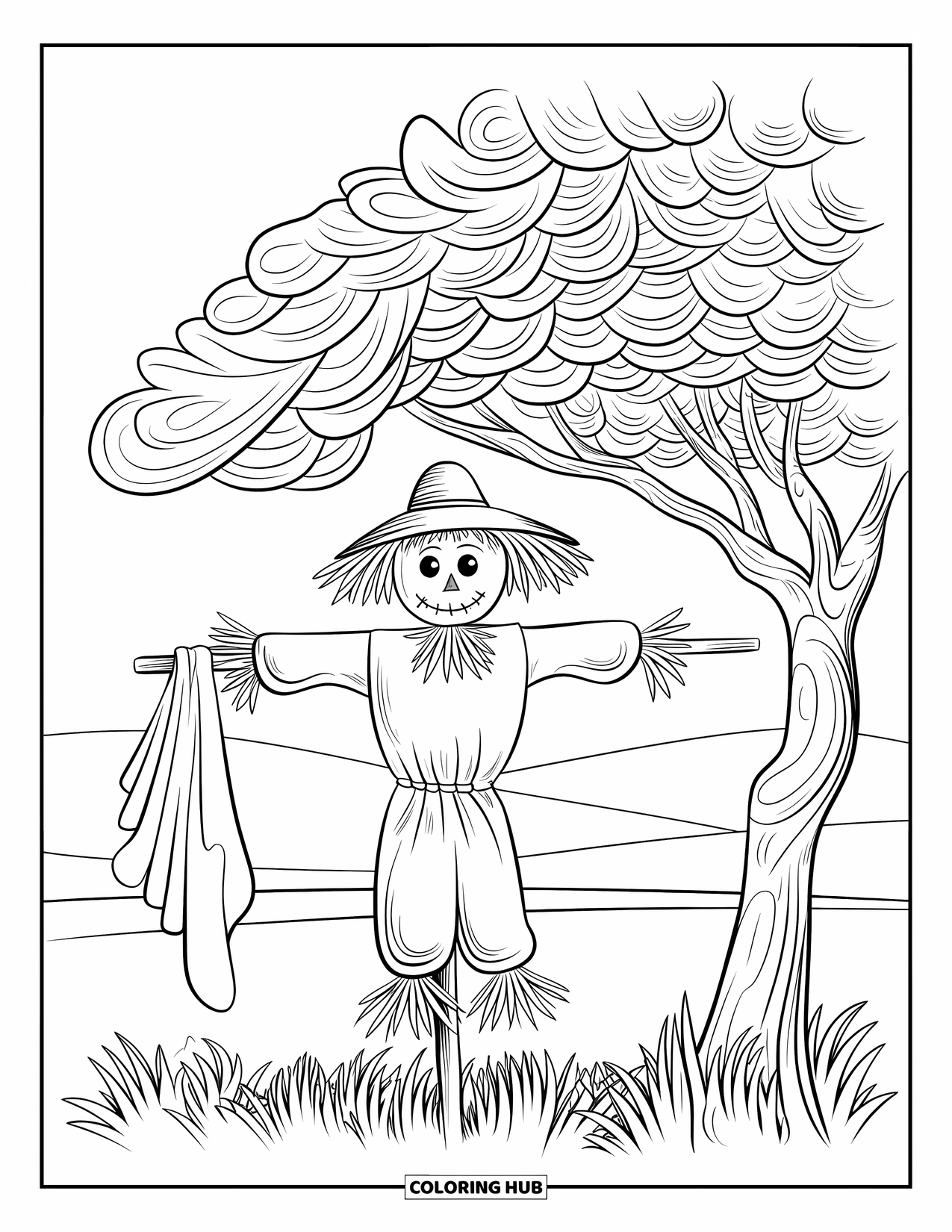 Scarecrow Coloring Page for Adults: A scarecrow holds a cloth under a leafy tree, with hills in the background