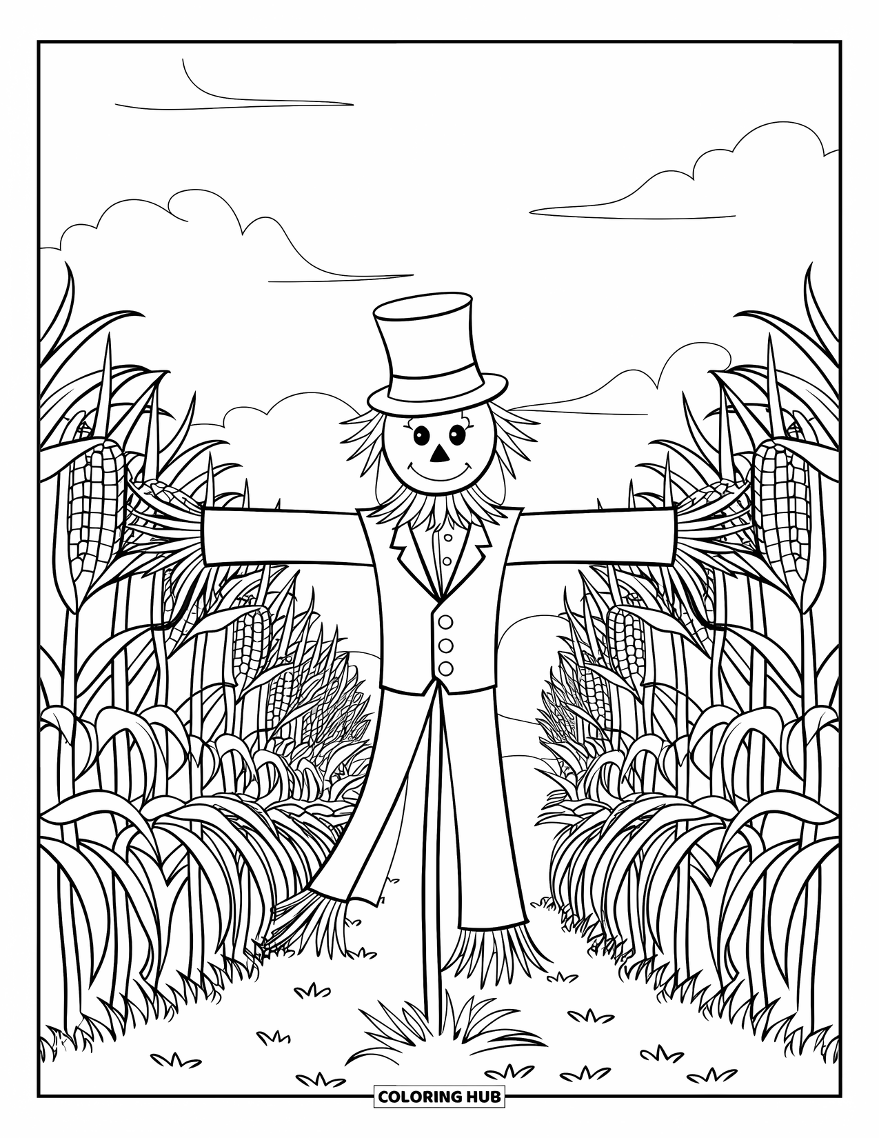 Scarecrow Coloring Page for Adults: A scarecrow in a suit stands on a cornfield path beneath swirling cloudy skies
