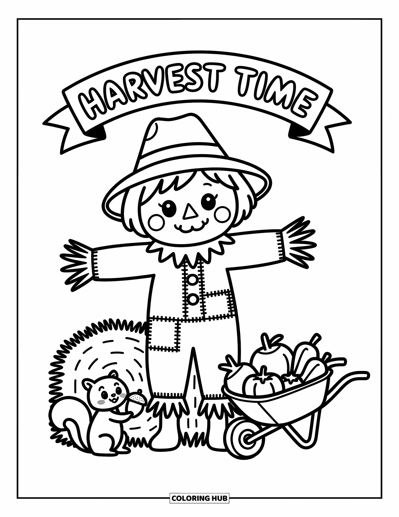 Scarecrow Coloring Page for Adults: A scarecrow leans on hay beside a squirrel, a veggie wheelbarrow, and a ìHarvest Timeî banner