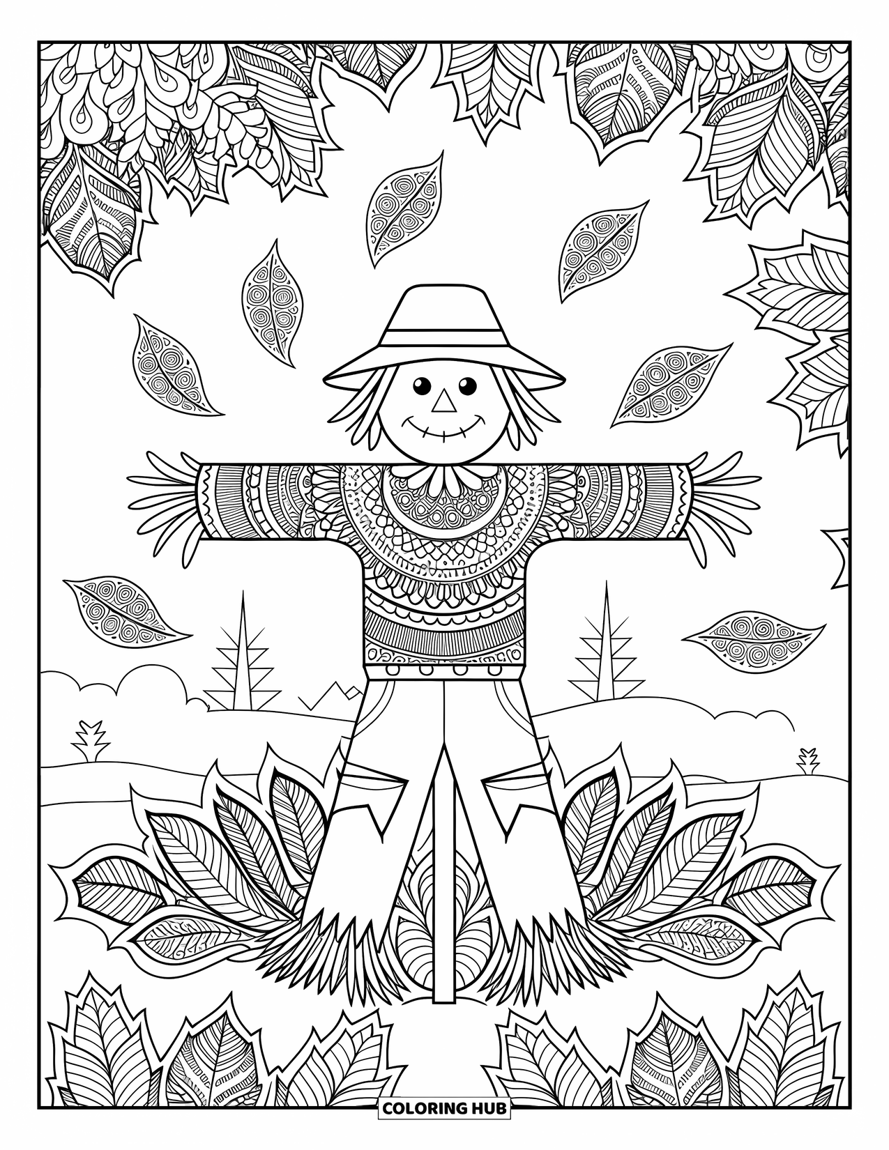 Scarecrow Coloring Page for Adults: A scarecrow stands among mandala-style leaves in a quiet, tree-lined landscape