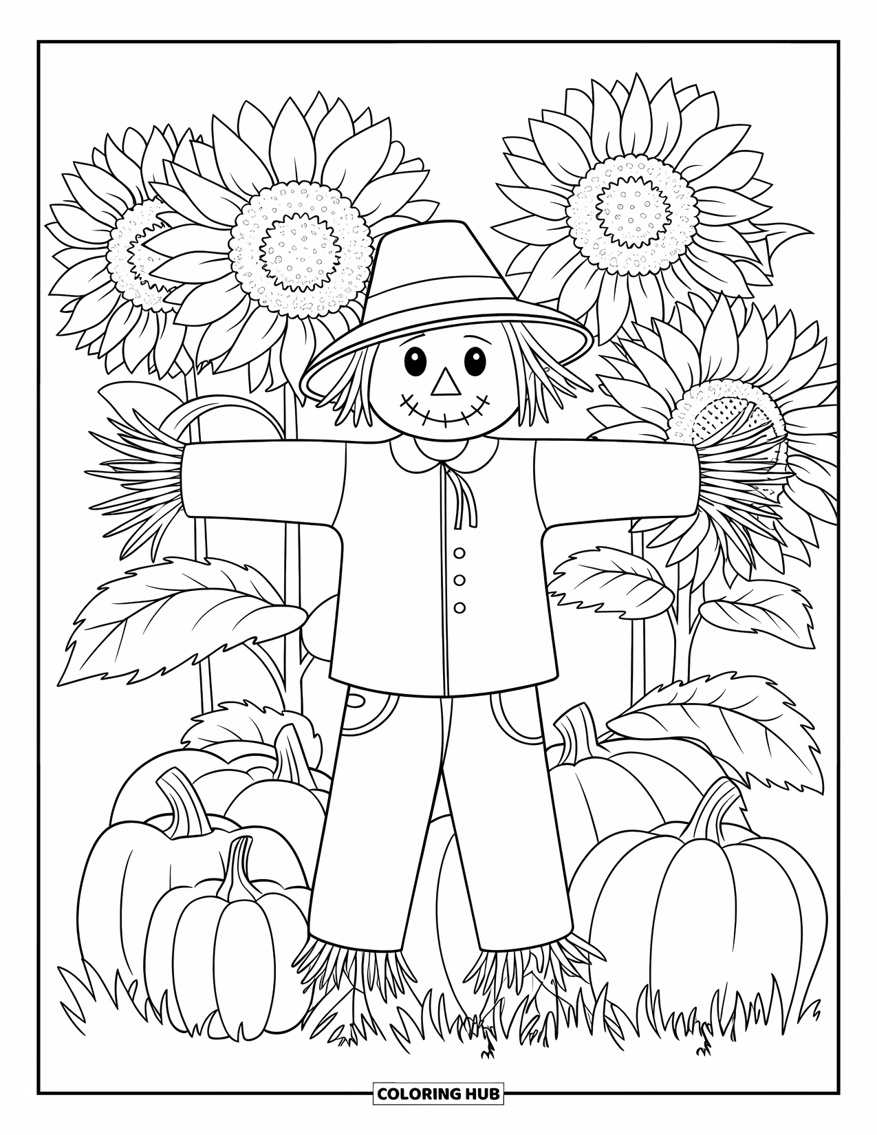 Scarecrow Coloring Page for Adults: A scarecrow stands calmly among sunflowers and pumpkins in a peaceful field