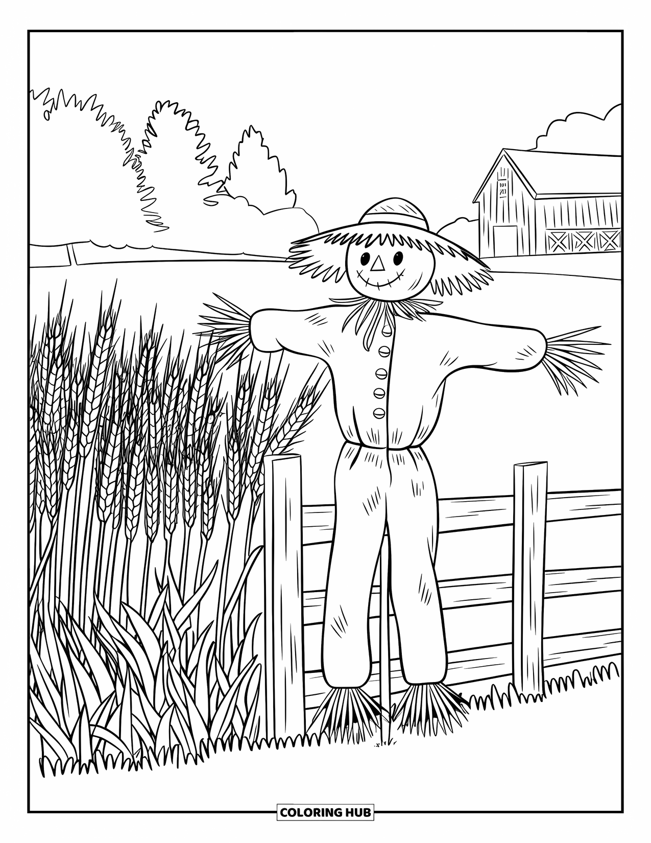 Scarecrow Coloring Page for Adults: A scarecrow stands peacefully near a fence surrounded by golden wheat fields