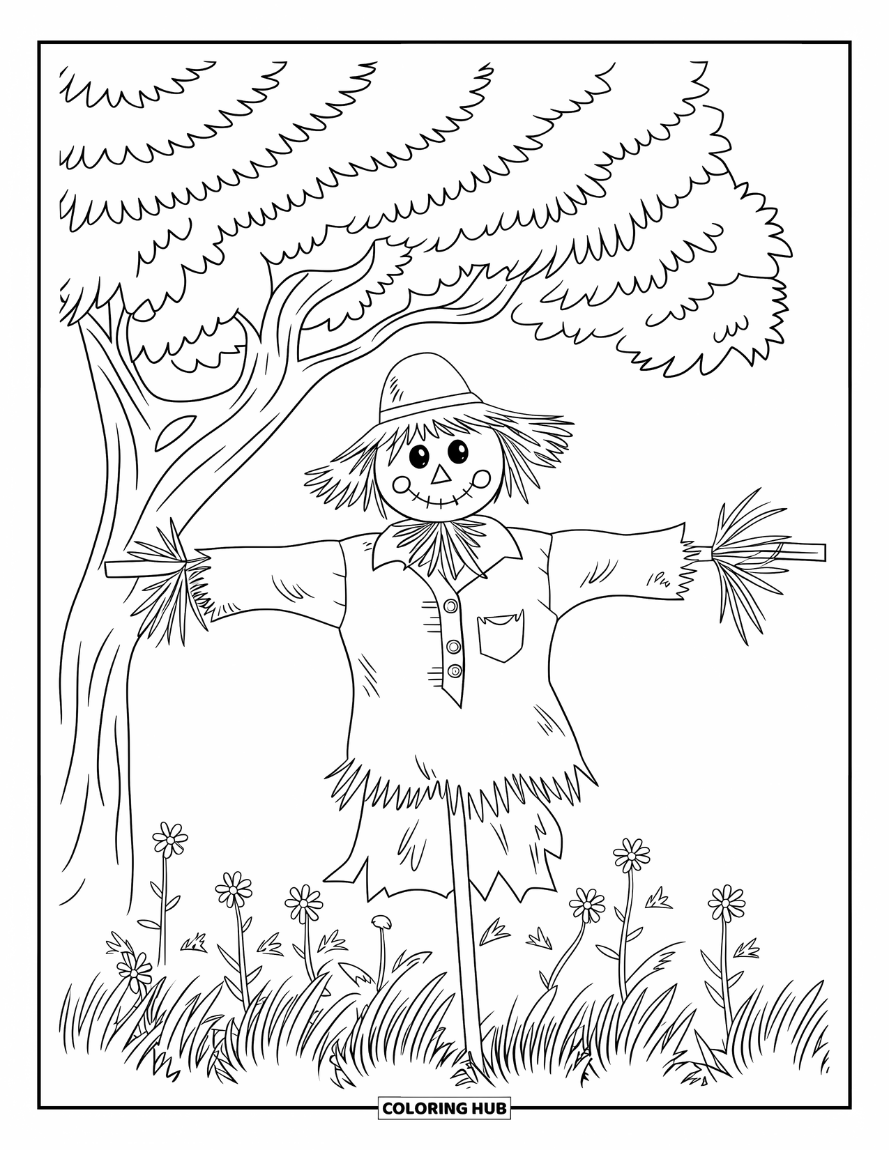 Scarecrow Coloring Page for Adults: A scarecrow stands under a leafy tree in a field with wildflowers
