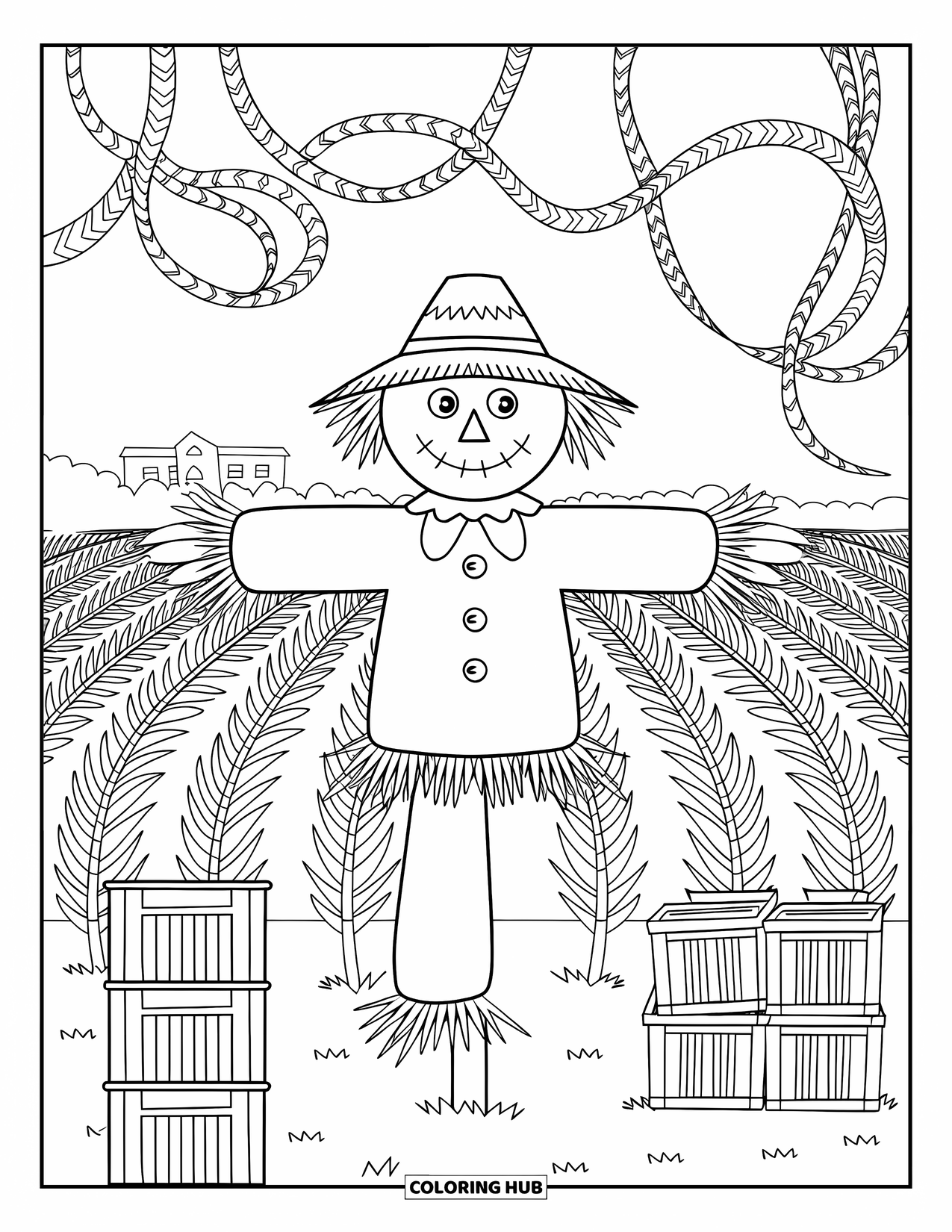 Scarecrow Coloring Page for Adults: A smiling scarecrow stands with button features among crops and patterned vines