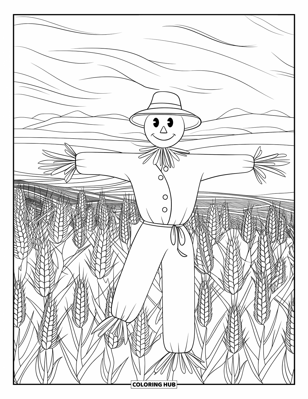 Scarecrow Coloring Page for Adults: A stylish scarecrow stands in a cornfield with swirling winds and rolling hills