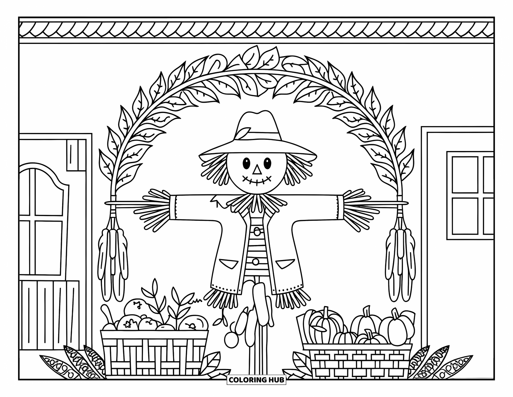 Scarecrow Coloring Page for Adults: An ornate scarecrow stands beneath leafy arches surrounded by hanging produce baskets