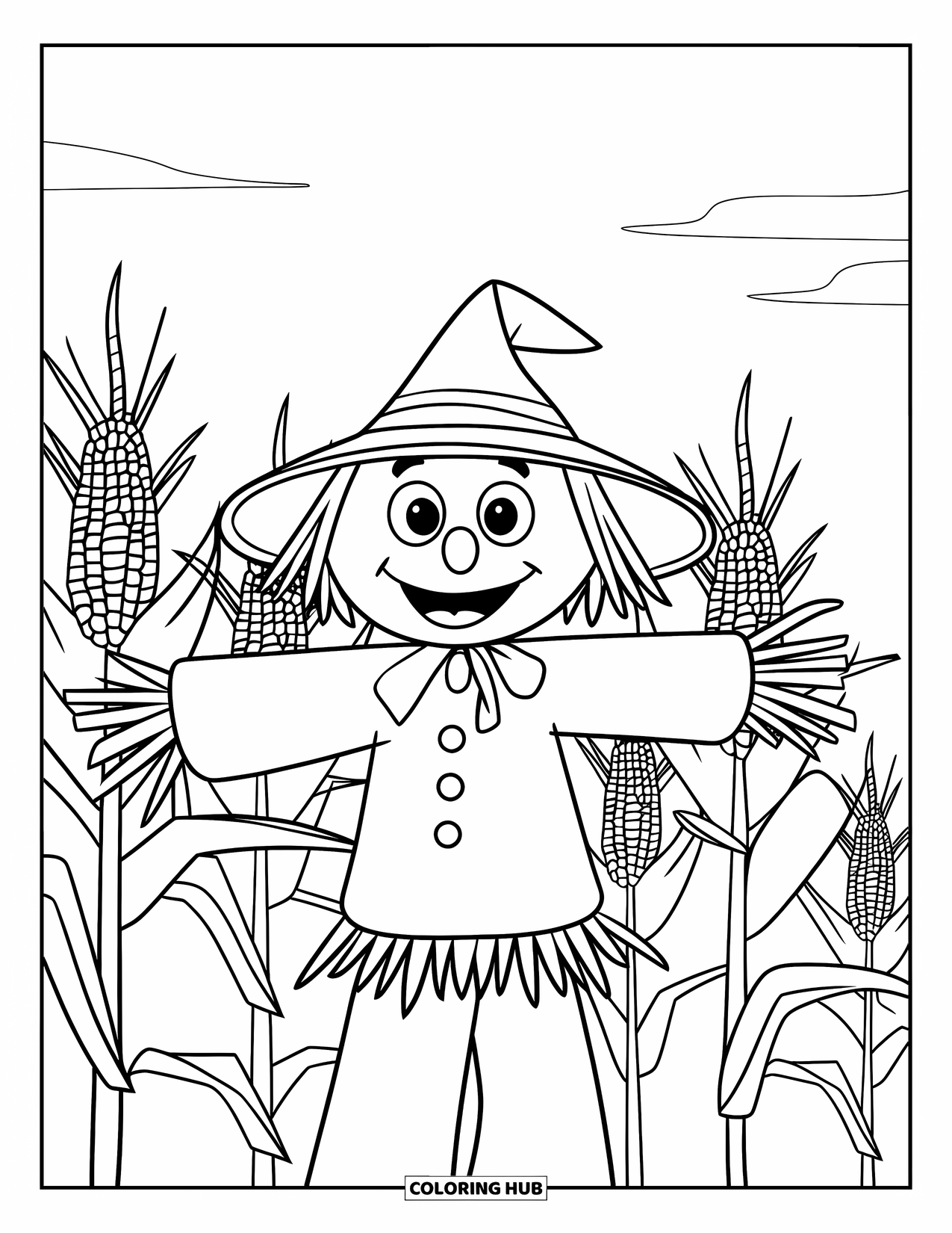 Scarecrow Coloring Page for Kids: A button-eyed scarecrow grins in a cornfield with fluffy clouds above