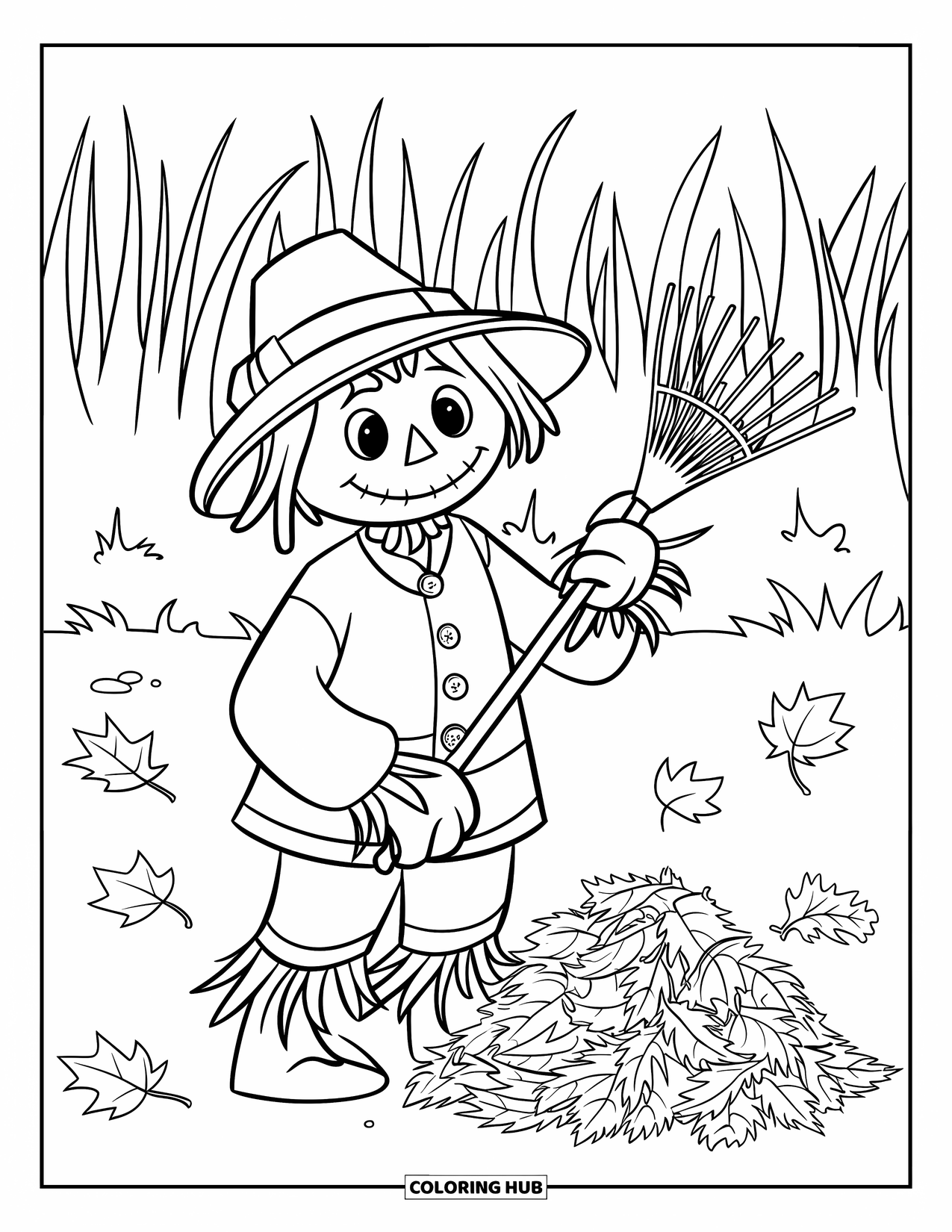 Scarecrow Coloring Page for Kids: A button-faced scarecrow holds a rake beside leaves and tall grass