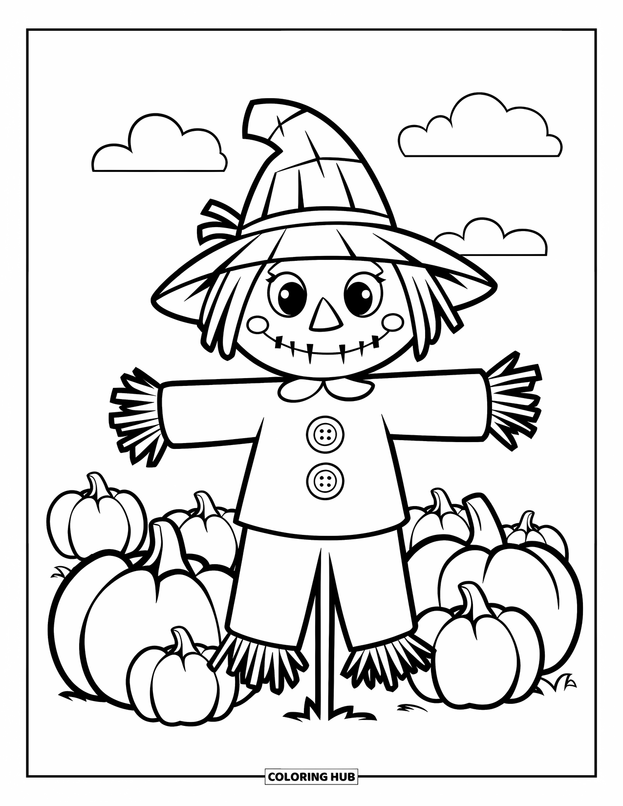 Scarecrow Coloring Page for Kids: A button-faced scarecrow with a straw hat stands in a pumpkin patch with fluffy clouds