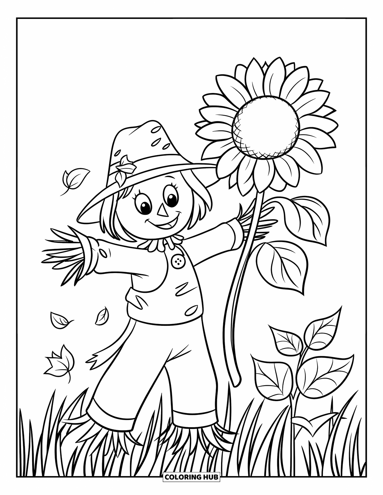 Scarecrow Coloring Page for Kids: A button-nosed scarecrow holds a sunflower as leaves fall in a field of tall grass