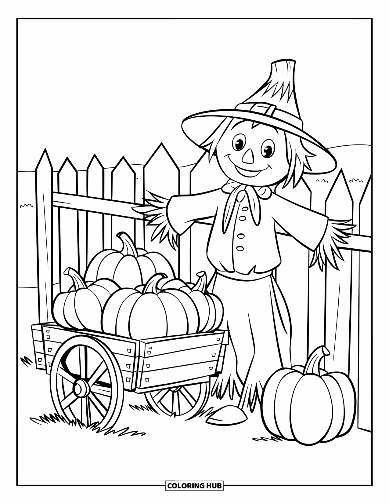 Scarecrow Coloring Page for Kids: A cheerful scarecrow stands beside a checkered cart of pumpkins in a green field