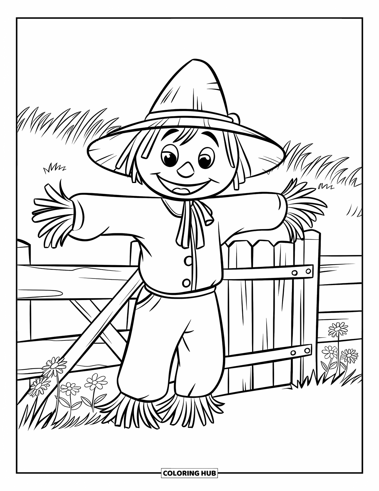 Scarecrow Coloring Page for Kids: A cheerful scarecrow stands by a wooden fence with flowers and tall grass in the background