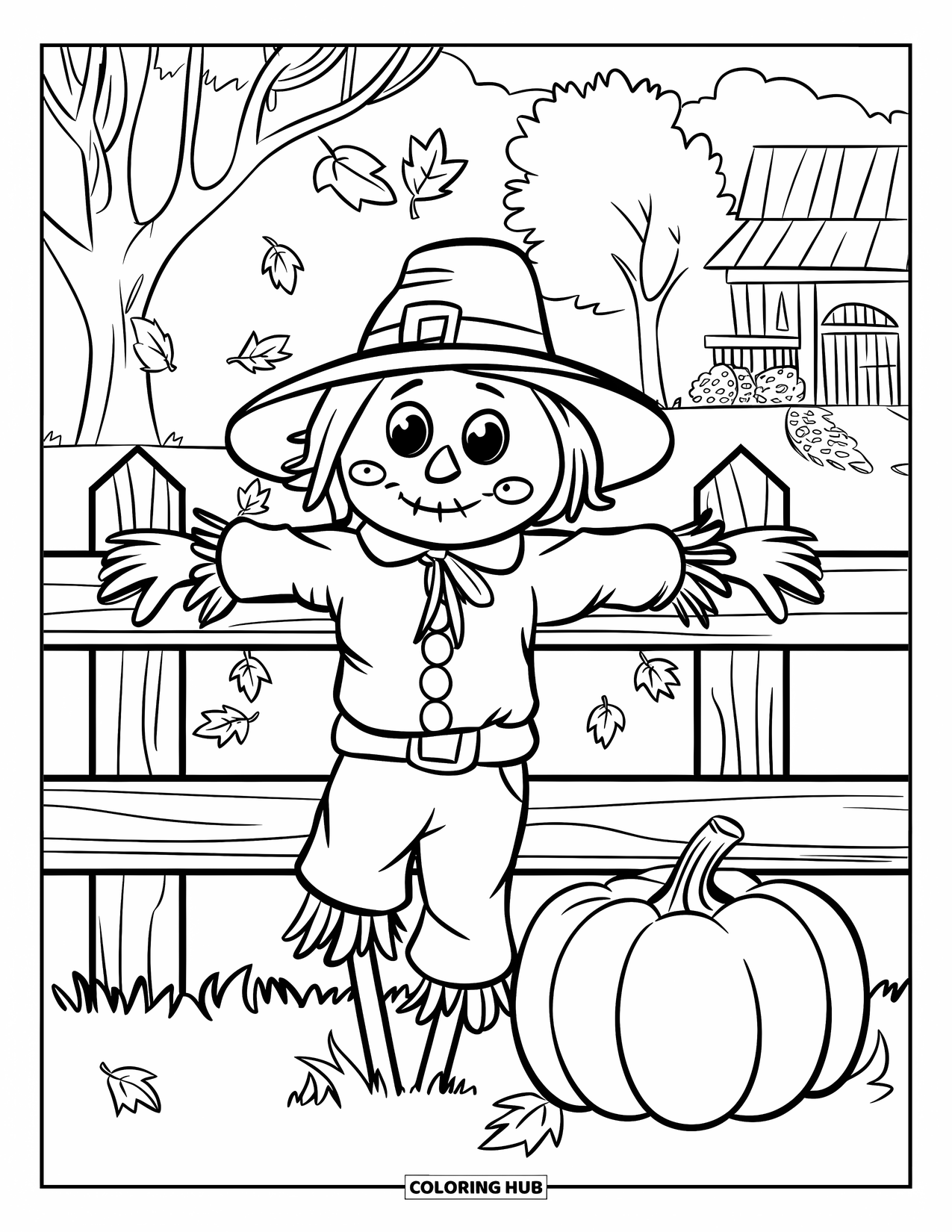 Scarecrow Coloring Page for Kids: A cozy scarecrow leans on a fence beside a pumpkin, trees, and a rustic house