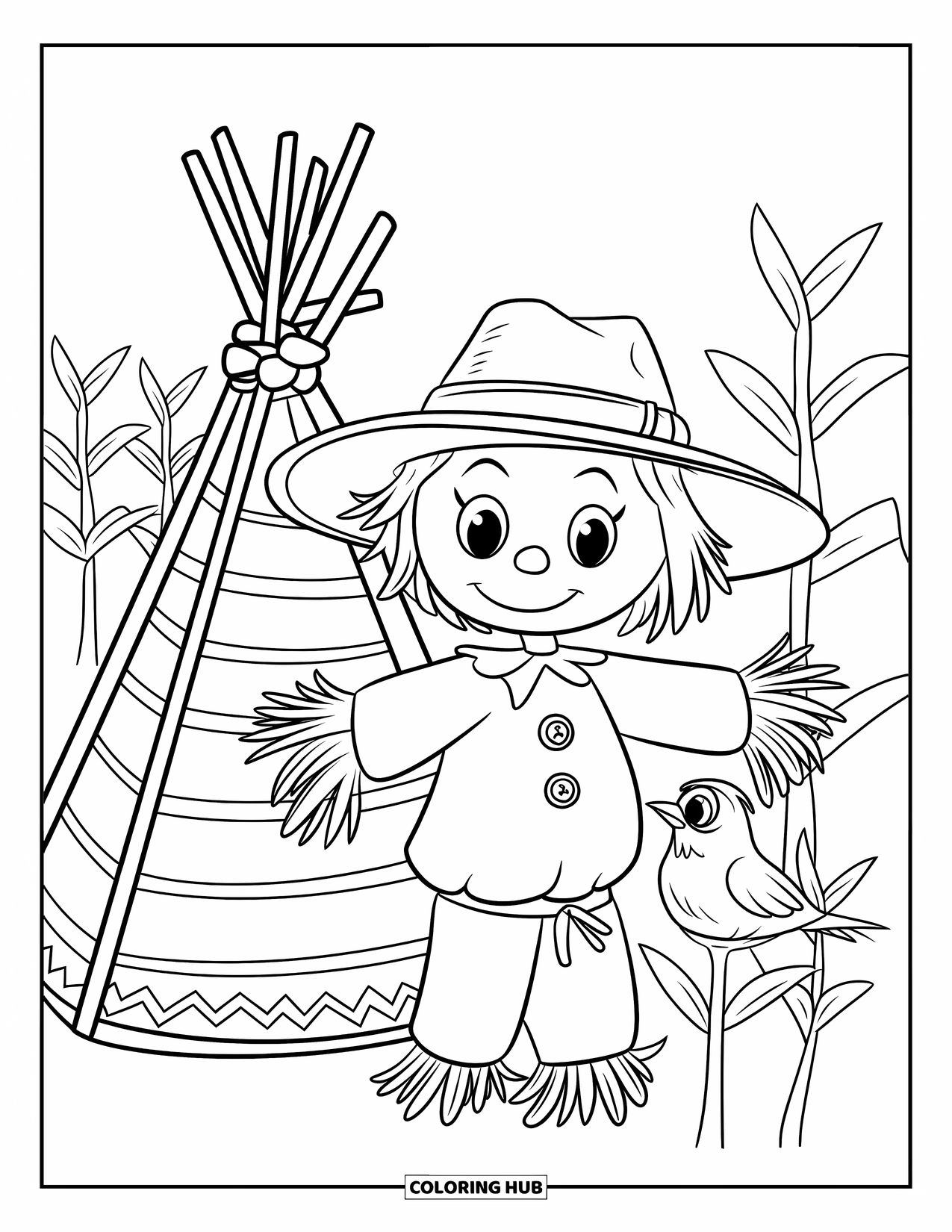 Scarecrow Coloring Page for Kids: A cozy scarecrow sits beside a cornstalk teepee and resting bird in a cornfield
