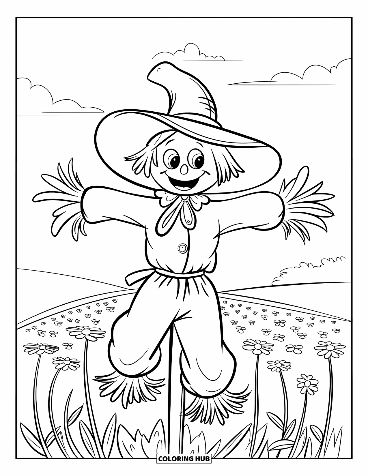 Scarecrow Coloring Page for Kids: A floppy-hat scarecrow beams in a field of yellow flowers with large, easy-to-color sections