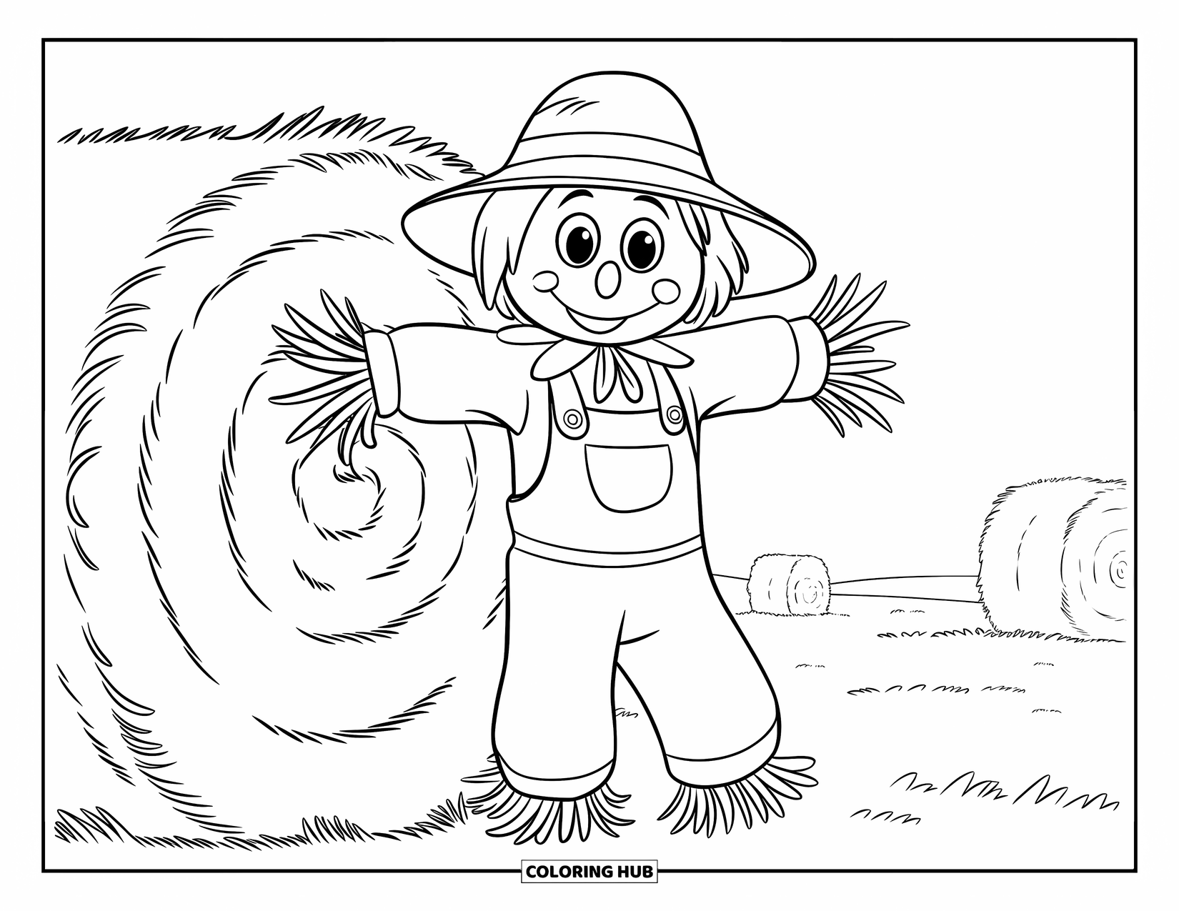 Scarecrow Coloring Page for Kids: A friendly scarecrow in overalls stands beside a hay bale in a peaceful field