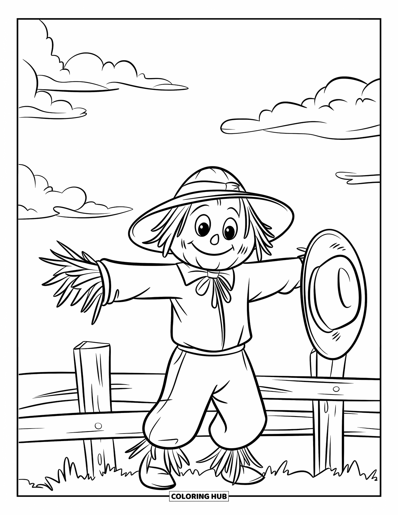 Scarecrow Coloring Page for Kids: A hay-faced scarecrow holds a hat on its arm under a bright, cloud-filled sky