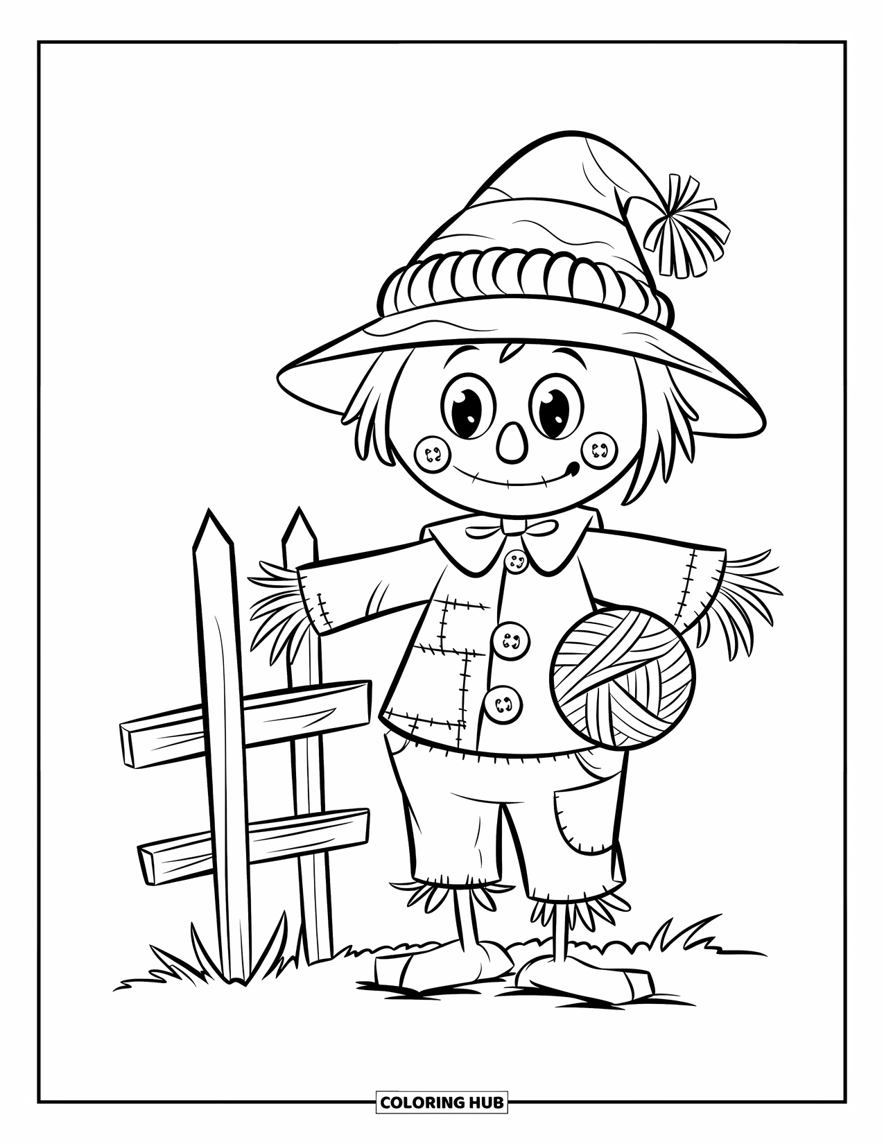 Scarecrow Coloring Page for Kids: A patchwork scarecrow with button features holds a yarn ball near a simple wooden fence