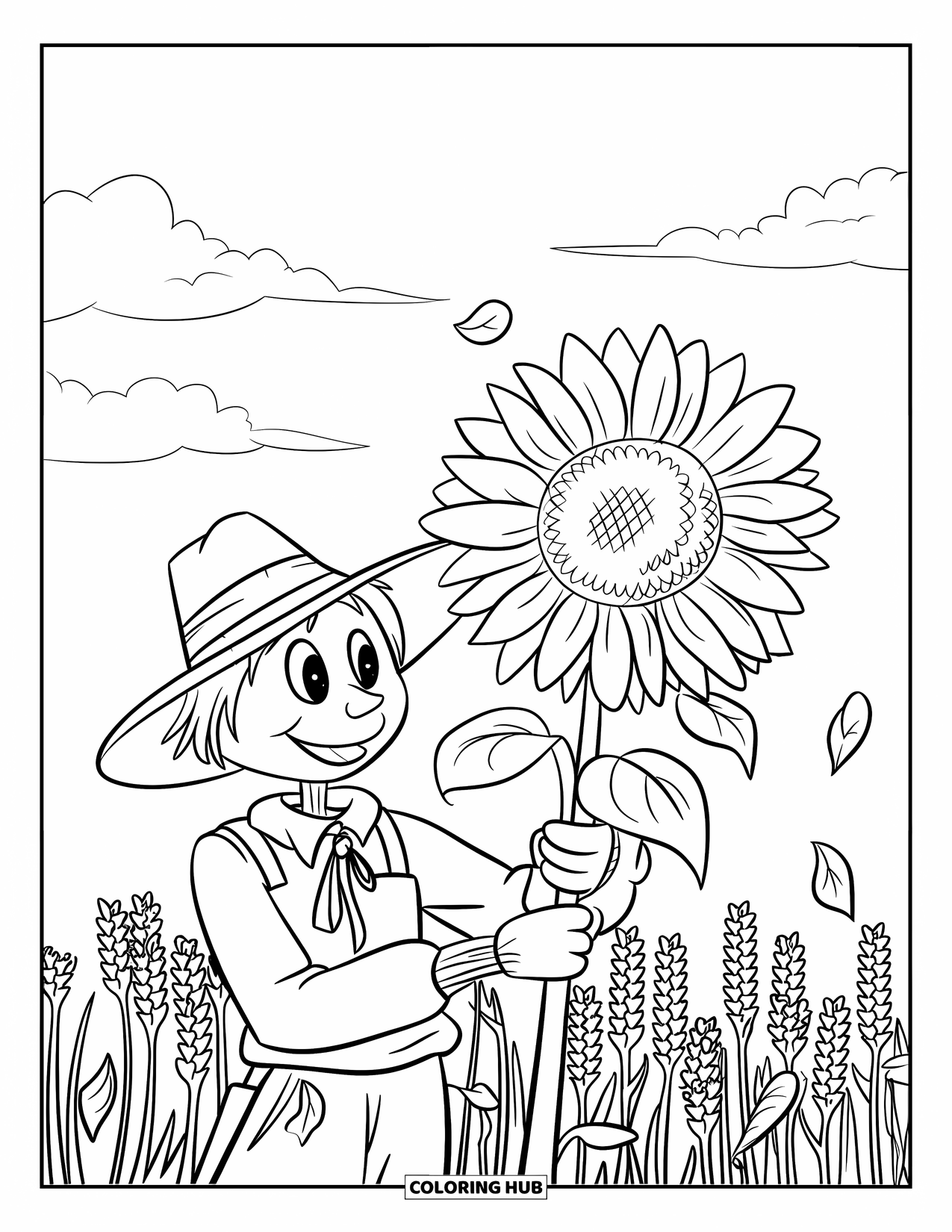 Scarecrow Coloring Page for Kids: A scarecrow holds a large sunflower in a field with falling leaves and a few clouds above