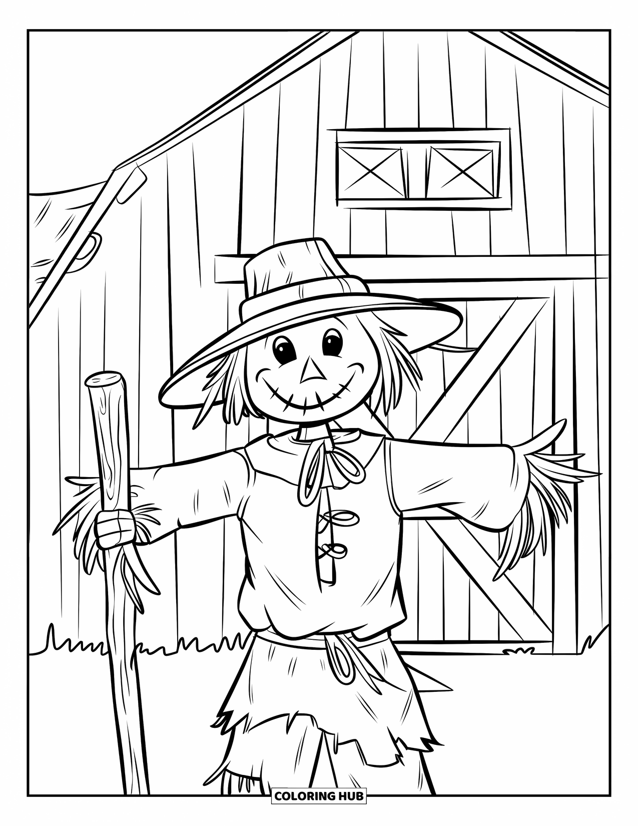 Scarecrow Coloring Page for Kids: A scarecrow holds a stick beside a barn with a slanted roof