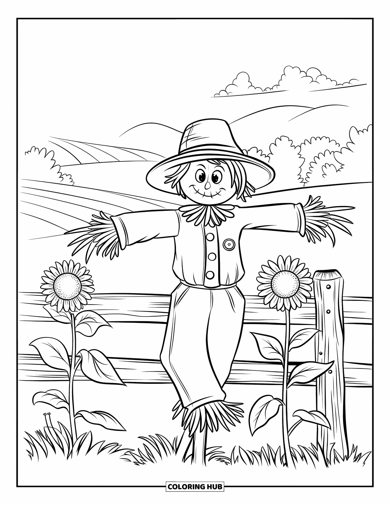 Scarecrow Coloring Page for Kids: A scarecrow in a hat leans on a fence with blooming sunflowers
