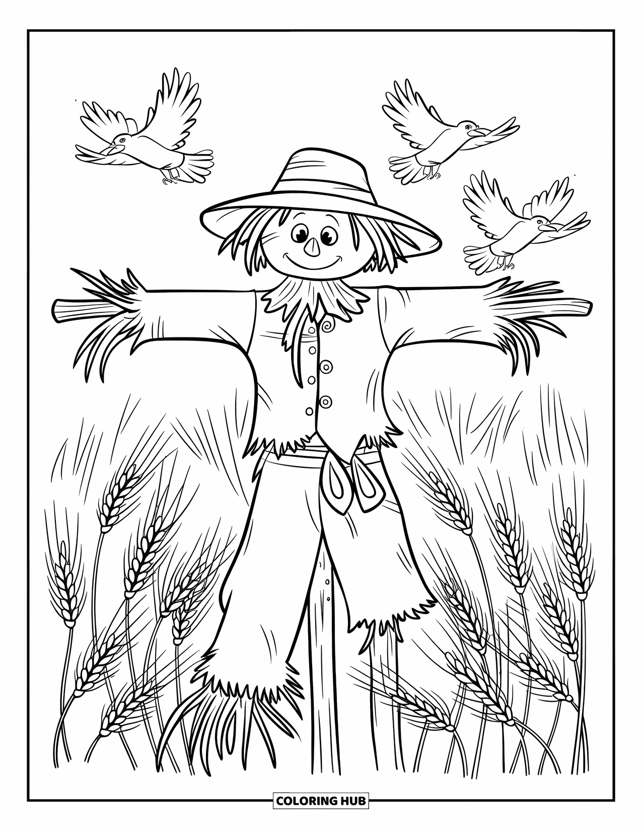 Scarecrow Coloring Page for Kids: A scarecrow in a wheat field is visited by crows on a breezy day