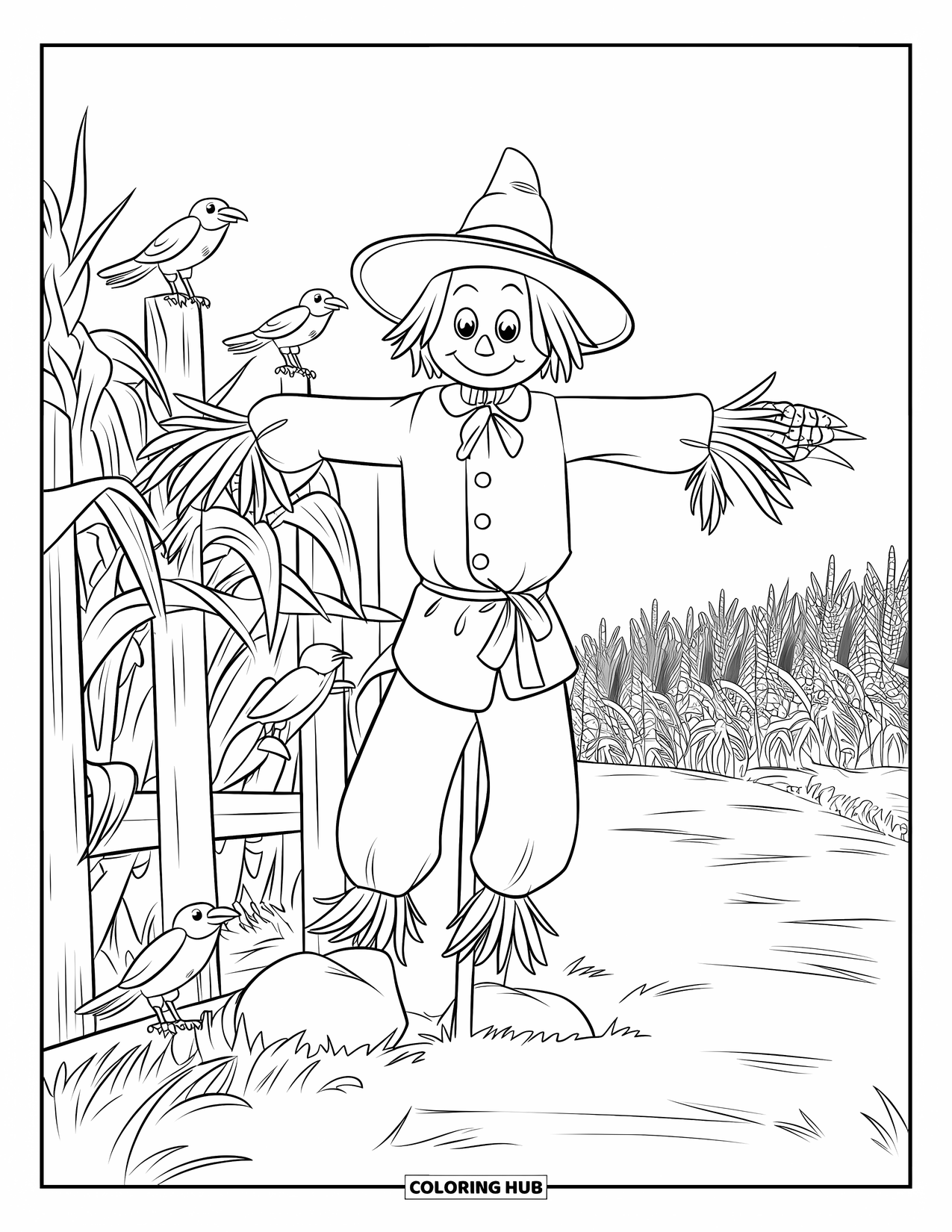 Scarecrow Coloring Page for Kids: A scarecrow leans on a rustic fence surrounded by tall sunflowers