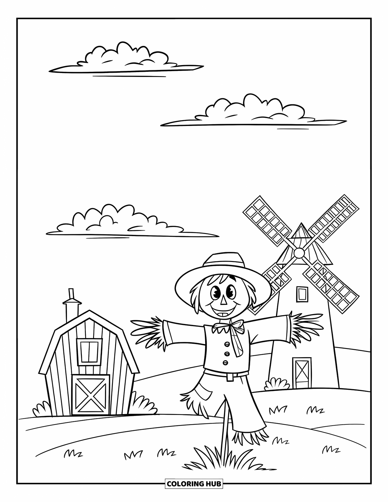 Scarecrow Coloring Page for Kids: A scarecrow stands in front of a barn and windmill with clouds floating above