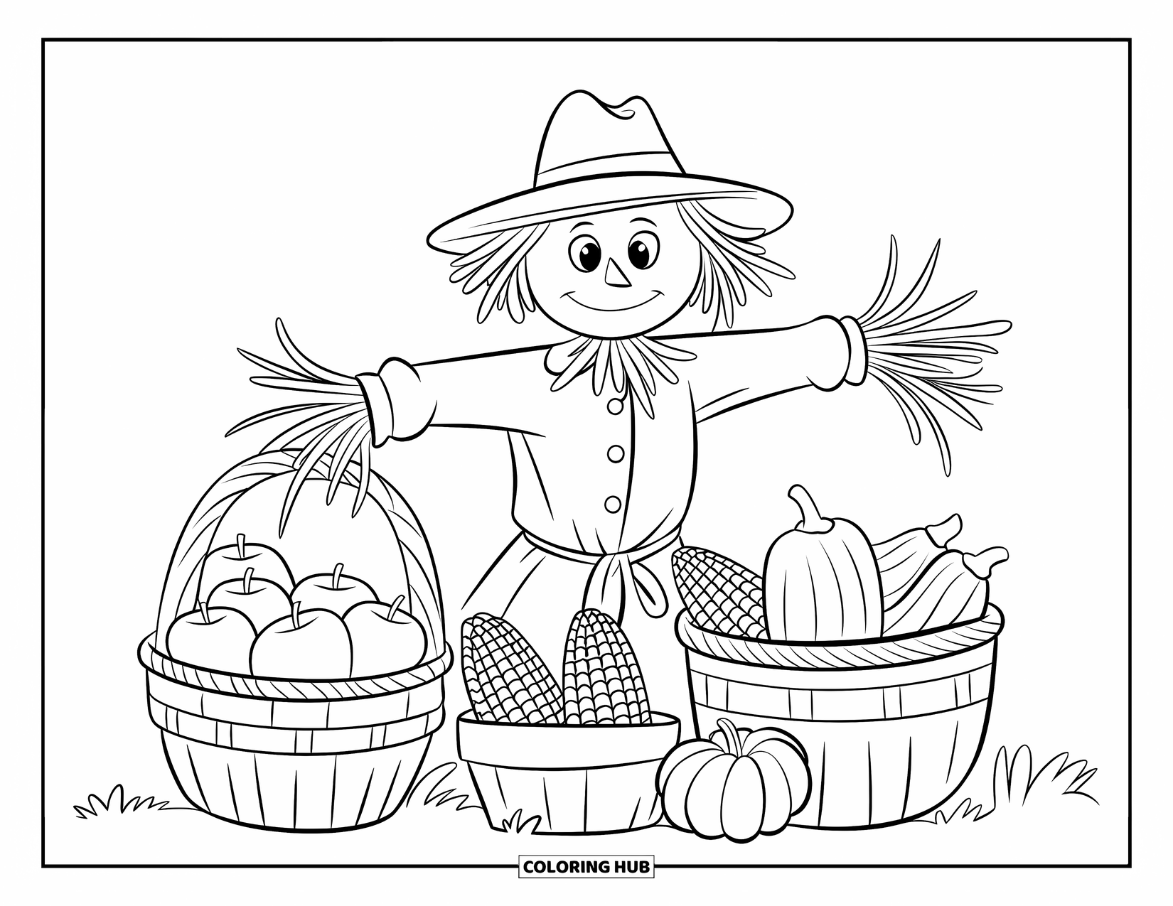 Scarecrow Coloring Page for Kids: A scarecrow stands with baskets of apples, corn, and squash in a white field