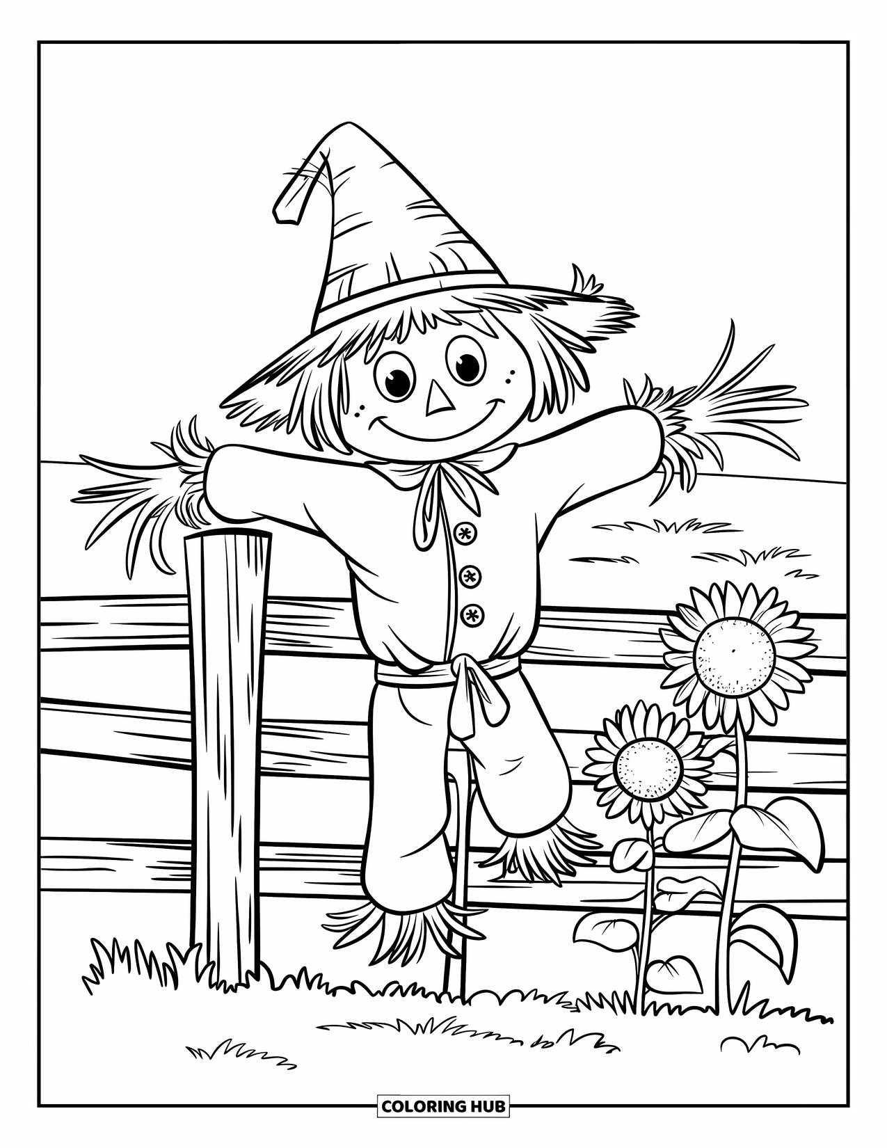 Scarecrow Coloring Page for Kids: A scarecrow with button eyes rests on a fence with sunflowers in the background