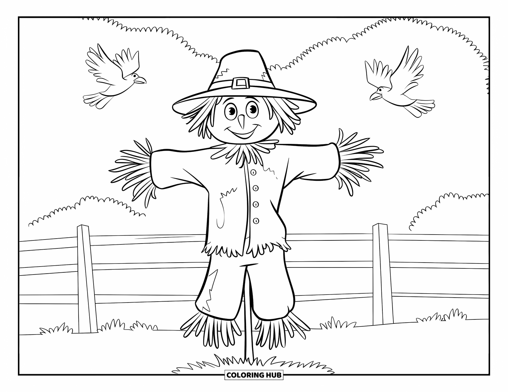 Scarecrow Coloring Page for Kids: A simple scarecrow with a hat stands in a grassy field with flying crows